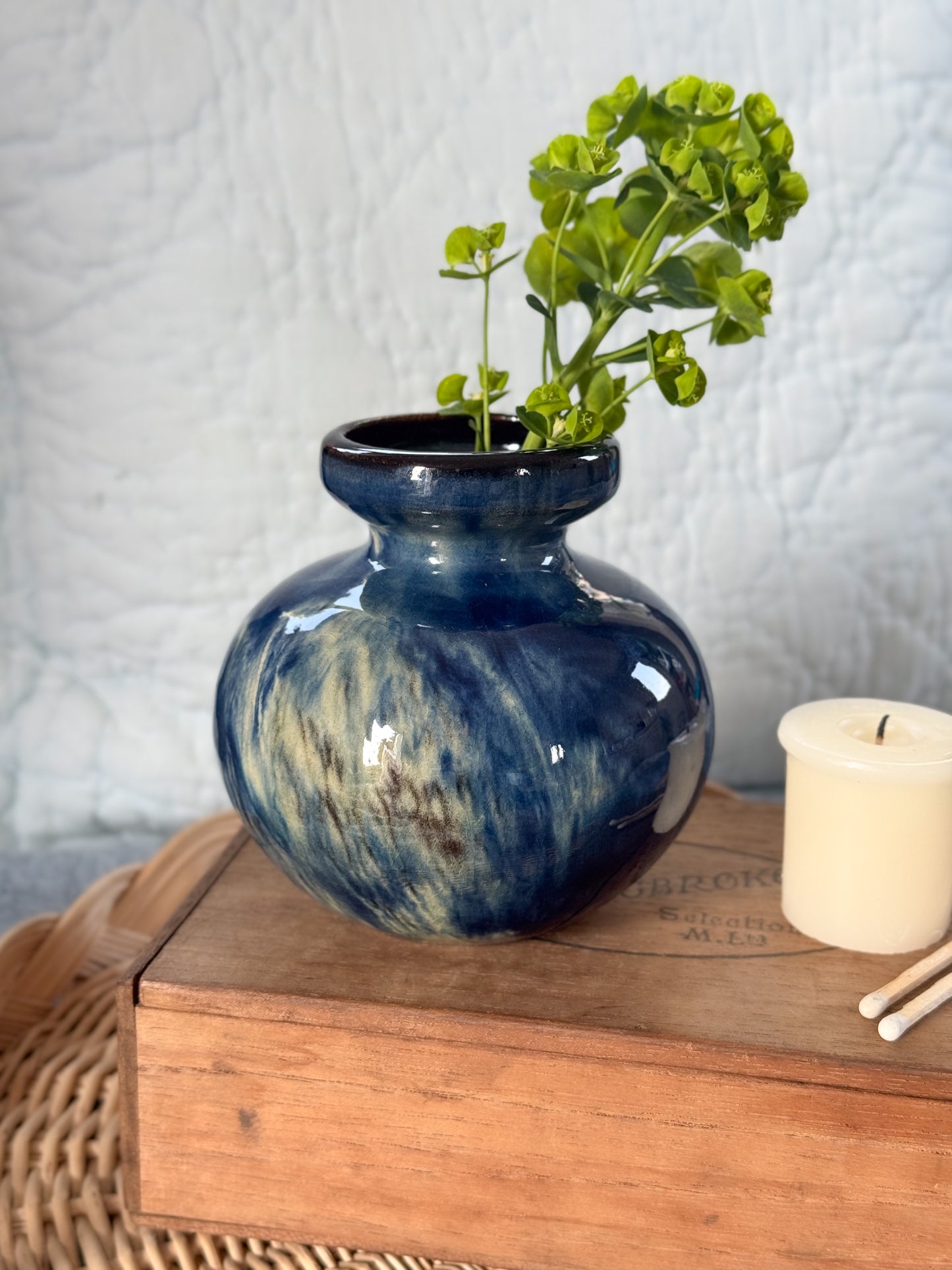 Vintage Hand-Signed Studio Pottery Vase - Deep Blue Glaze