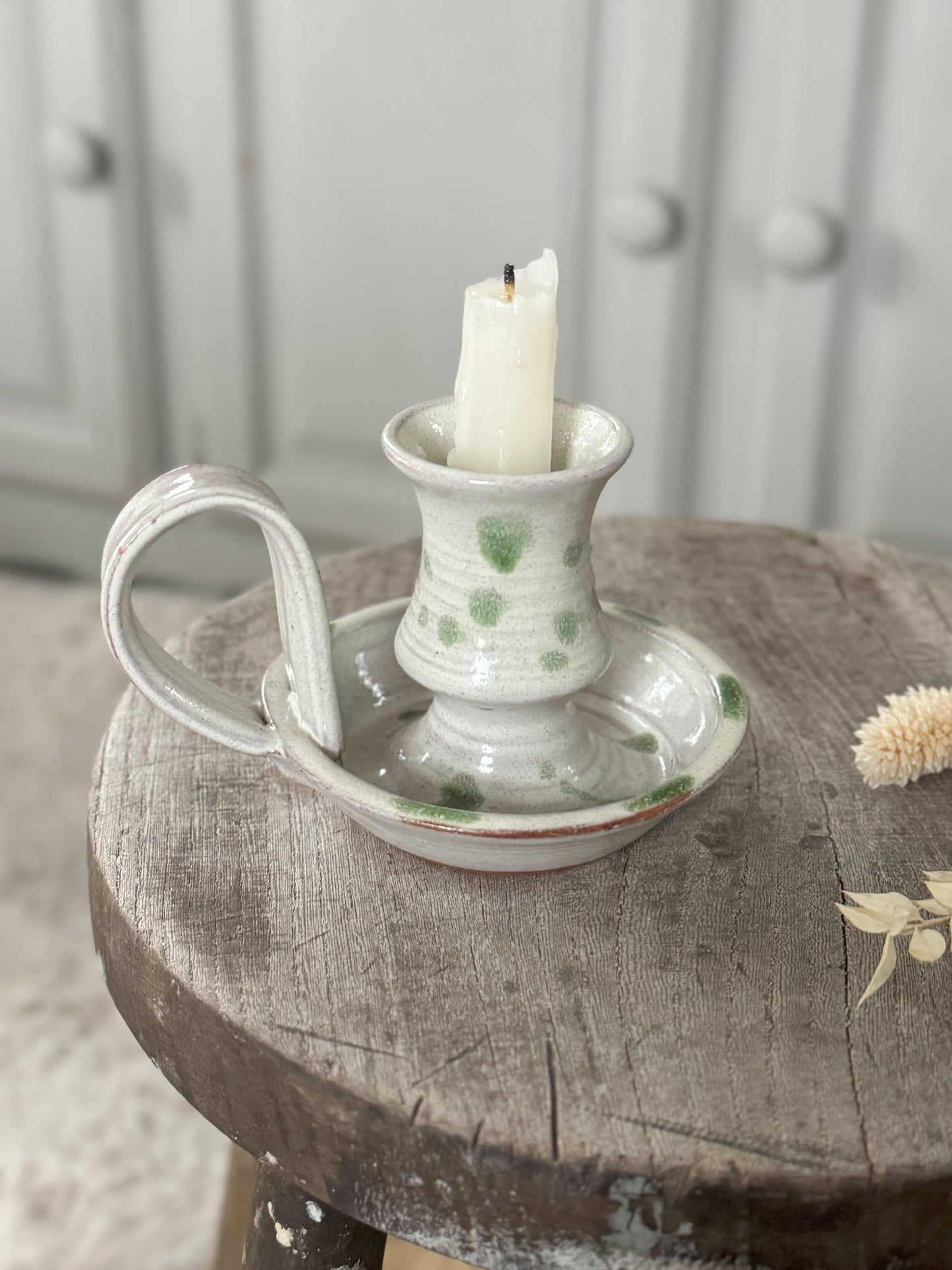 Vintage Irish Studio Pottery Green Polka Dot Chamberstick