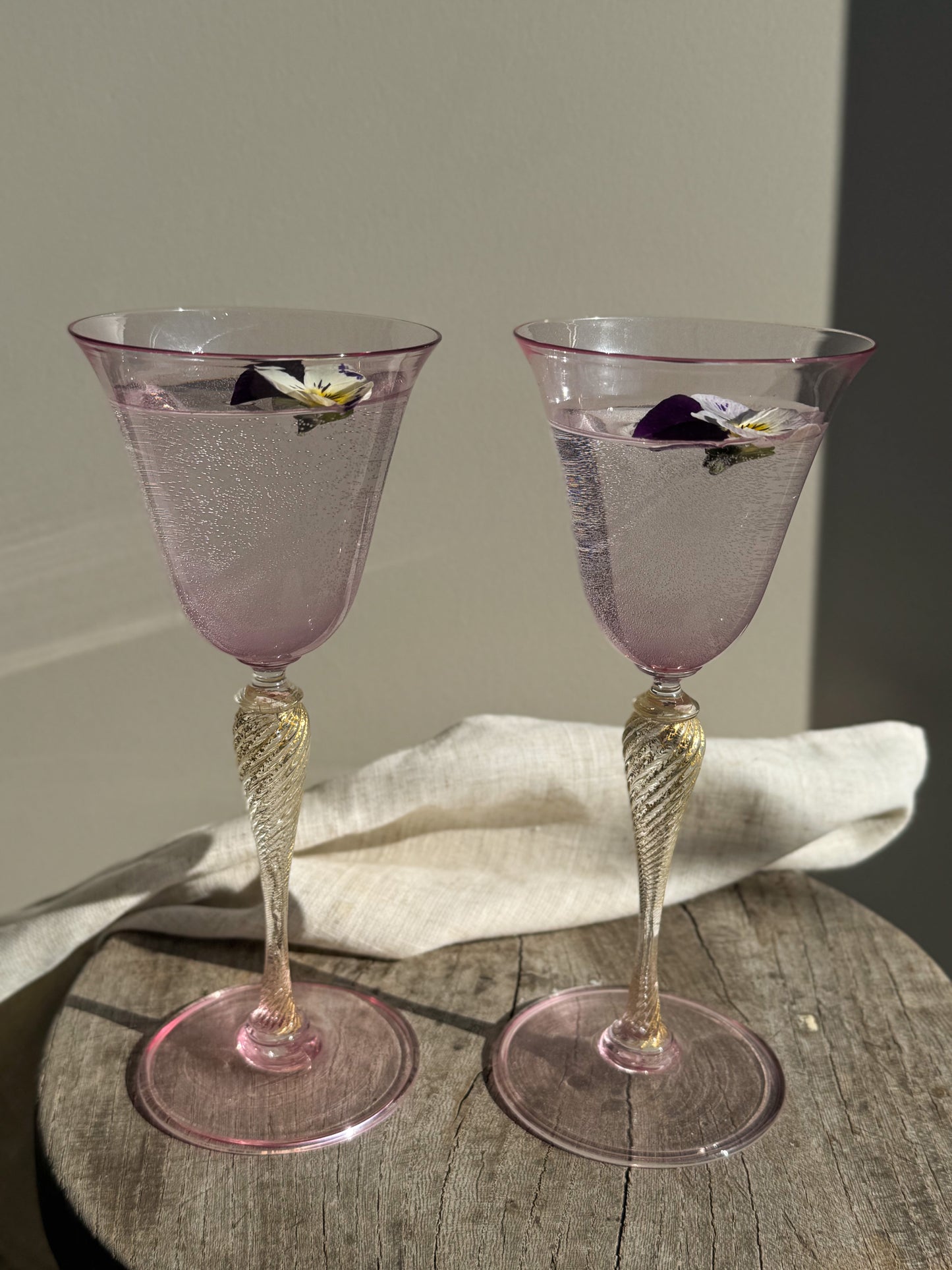 Incredible Handblown Rose & Gold-Flecked Stem Glasses (Pair)