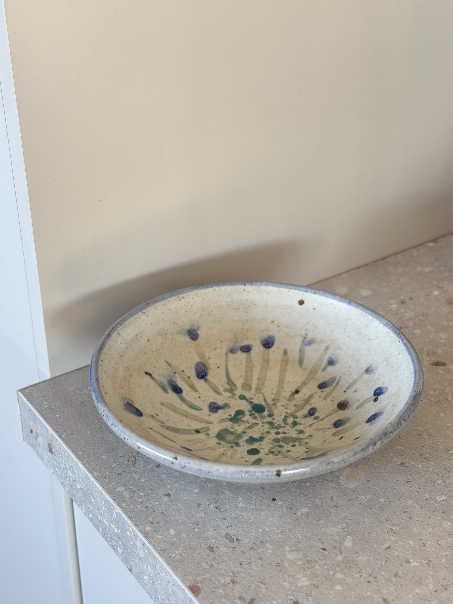 Vintage Studio Pottery Abstract Muted Blue Speckled Bowl