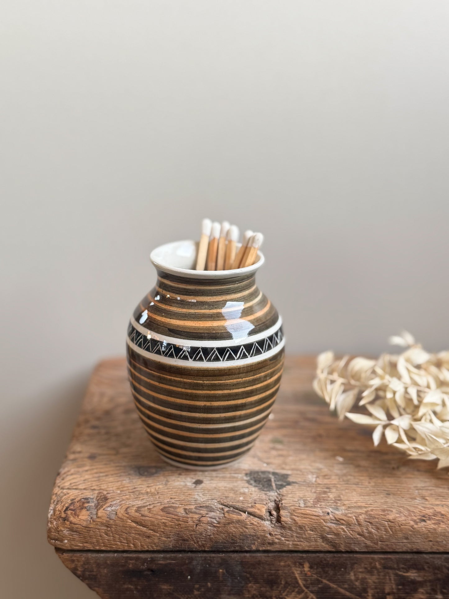 Vintage Studio Pottery Striped Vase • Match Pot