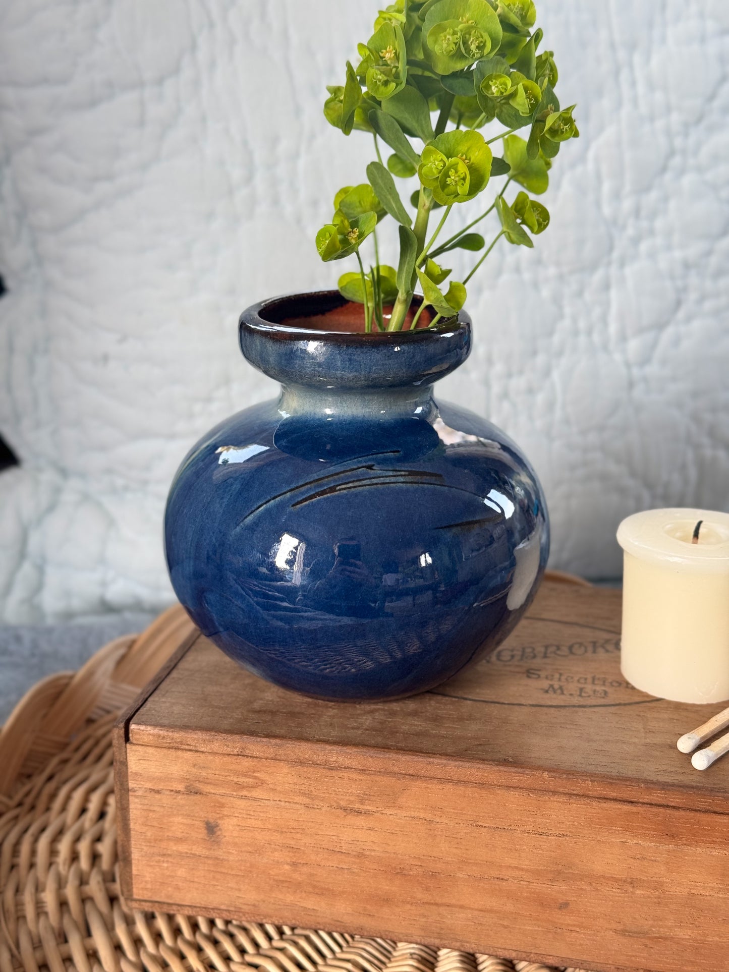 Vintage Hand-Signed Studio Pottery Vase - Deep Blue Glaze