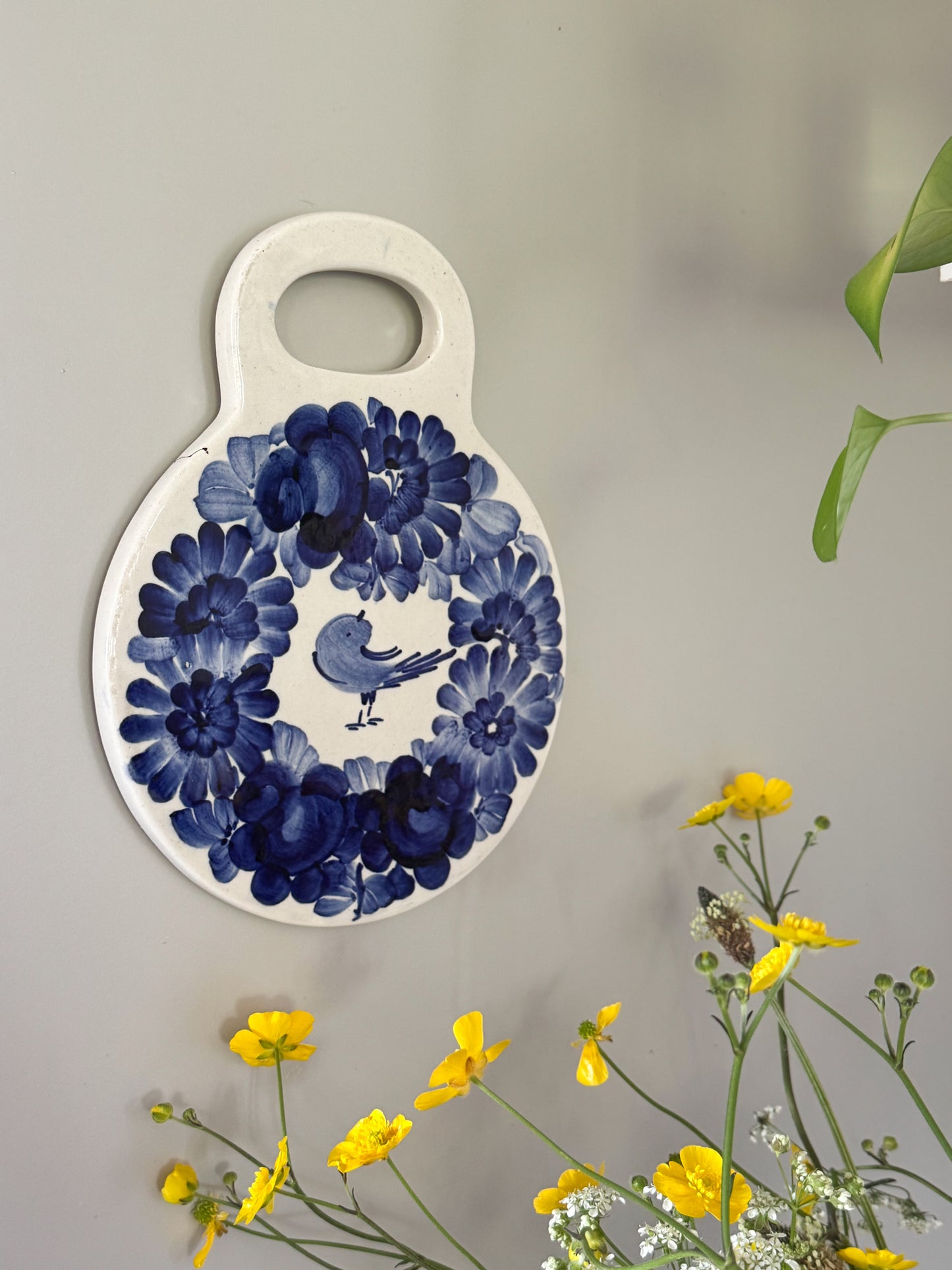 Vintage Handmade Polish Faience Wall Plaque – Blue Bird & Florals
