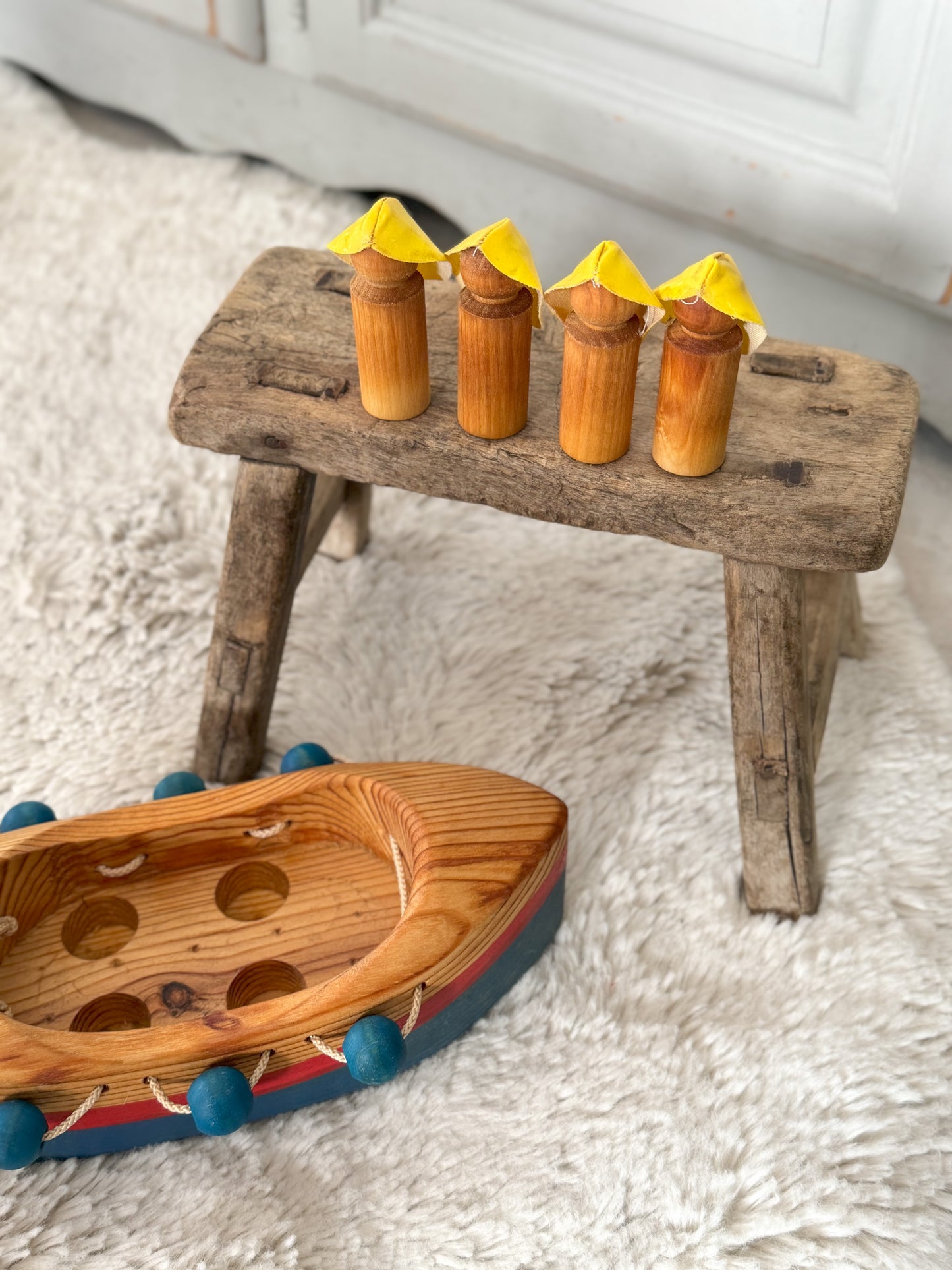 Vintage Wooden Toy Boat with Fishermen