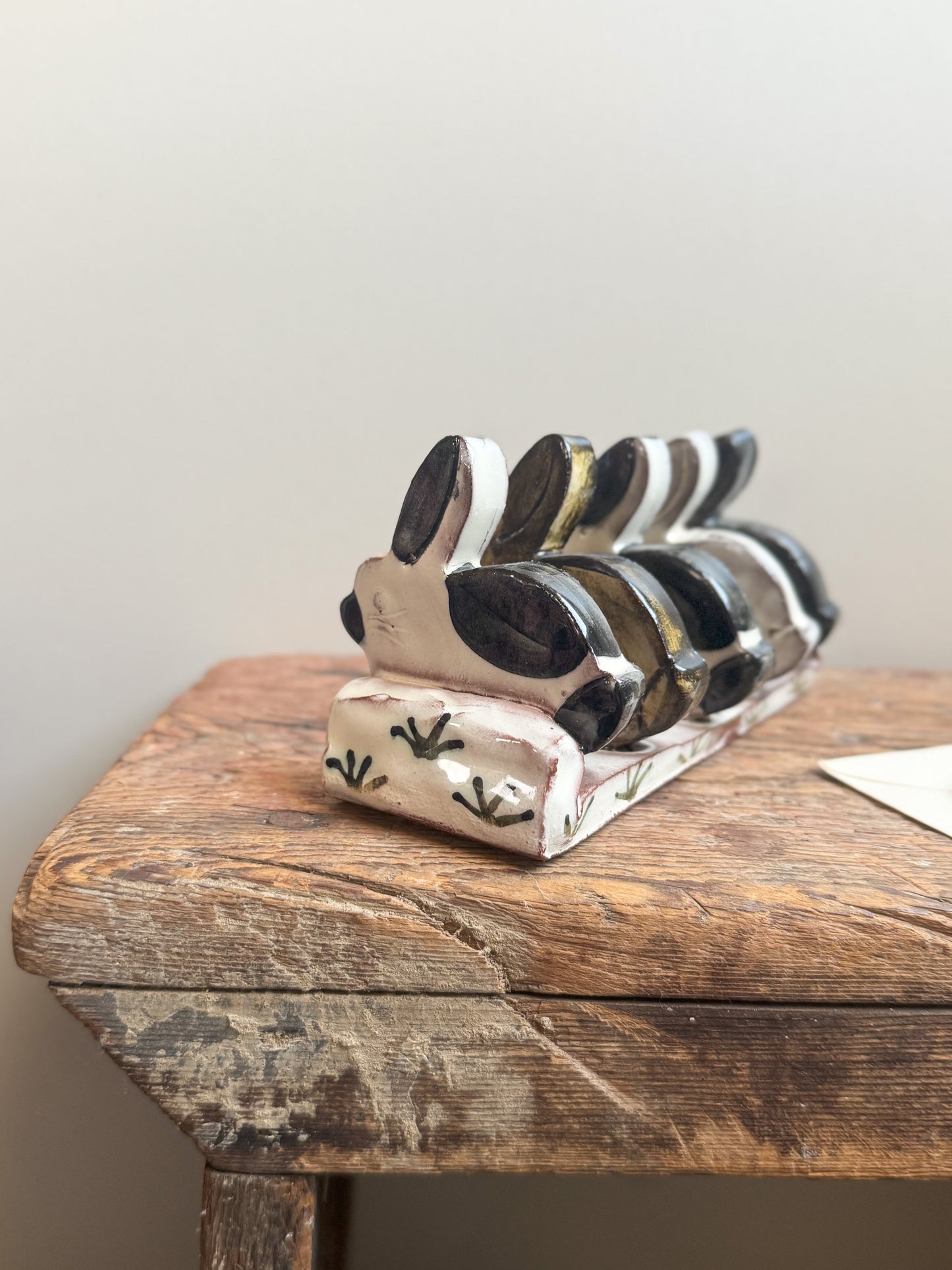 Studio Pottery Slipware ‘Bunny Rabbit’ Letter Rack by Heather Swain, Cornwall | Toast Rack, Napkin Holder