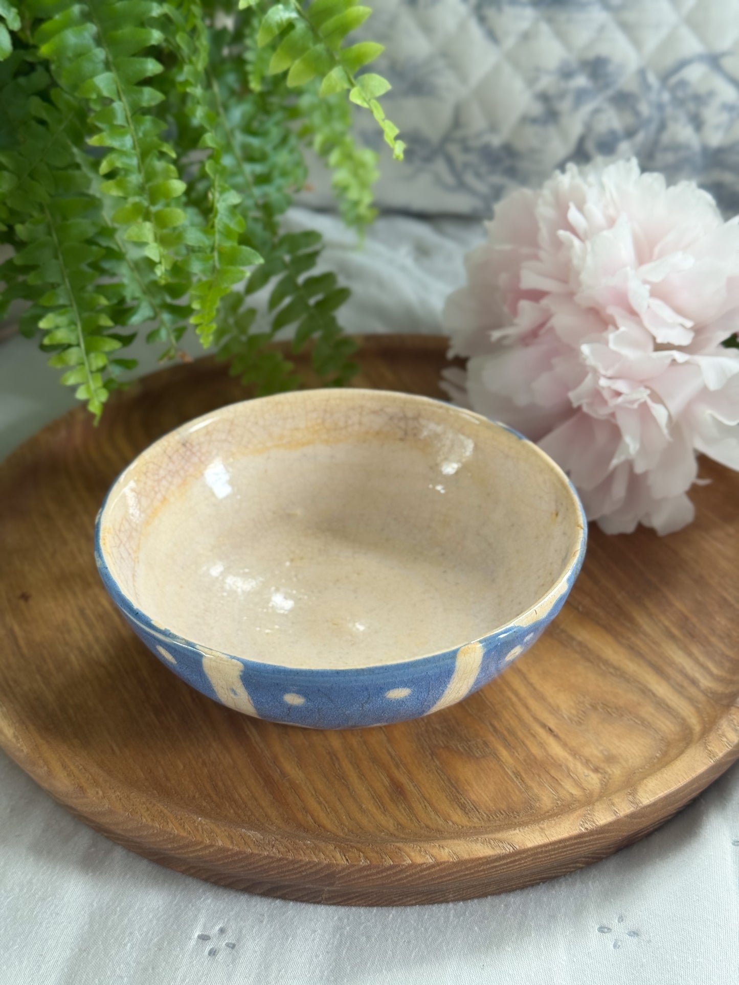 Antique Blue & Cream English Slipware Bowl