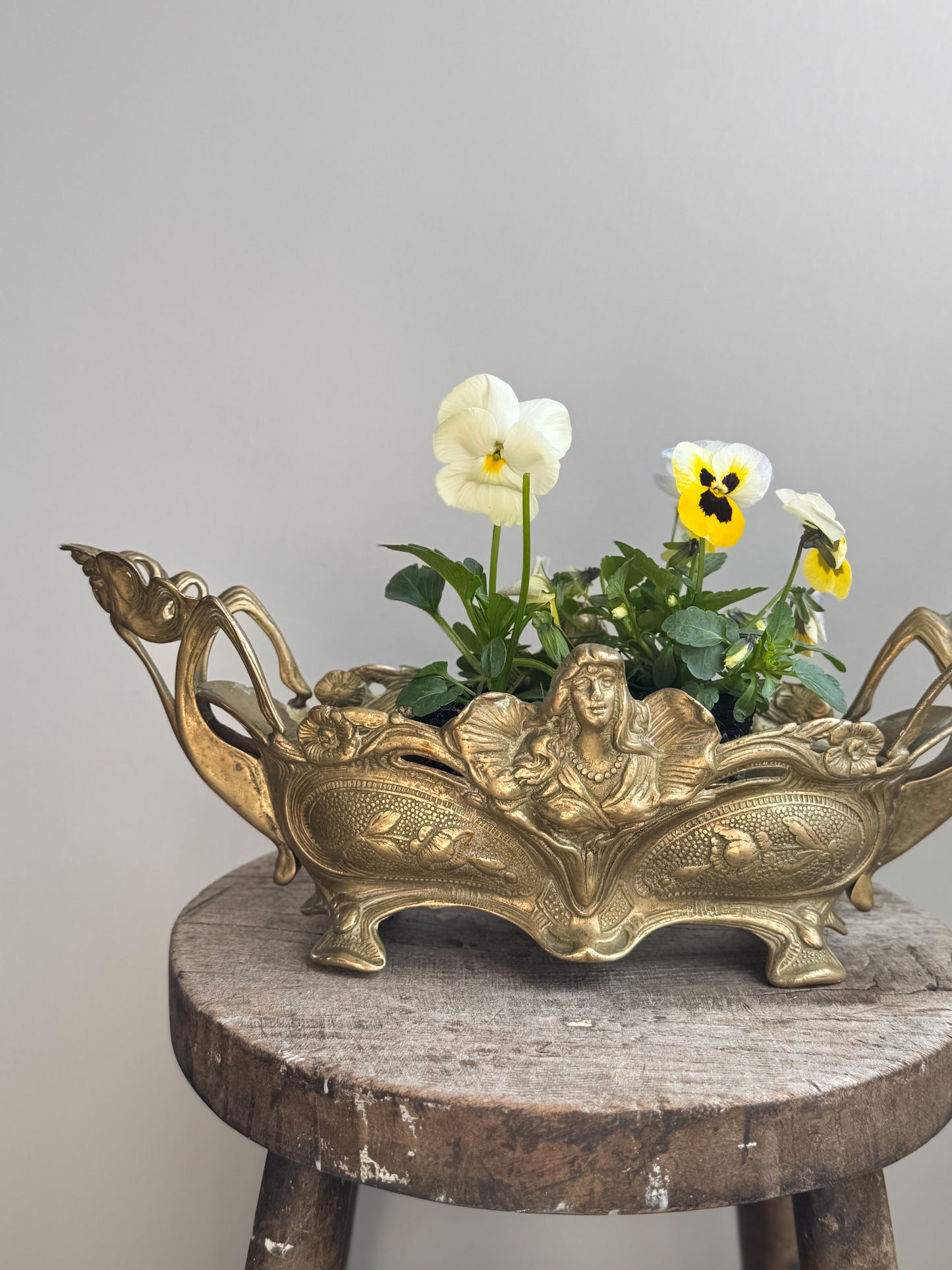 Antique Art Nouveau Brass Jardinière with Female Figurine & Floral Detail