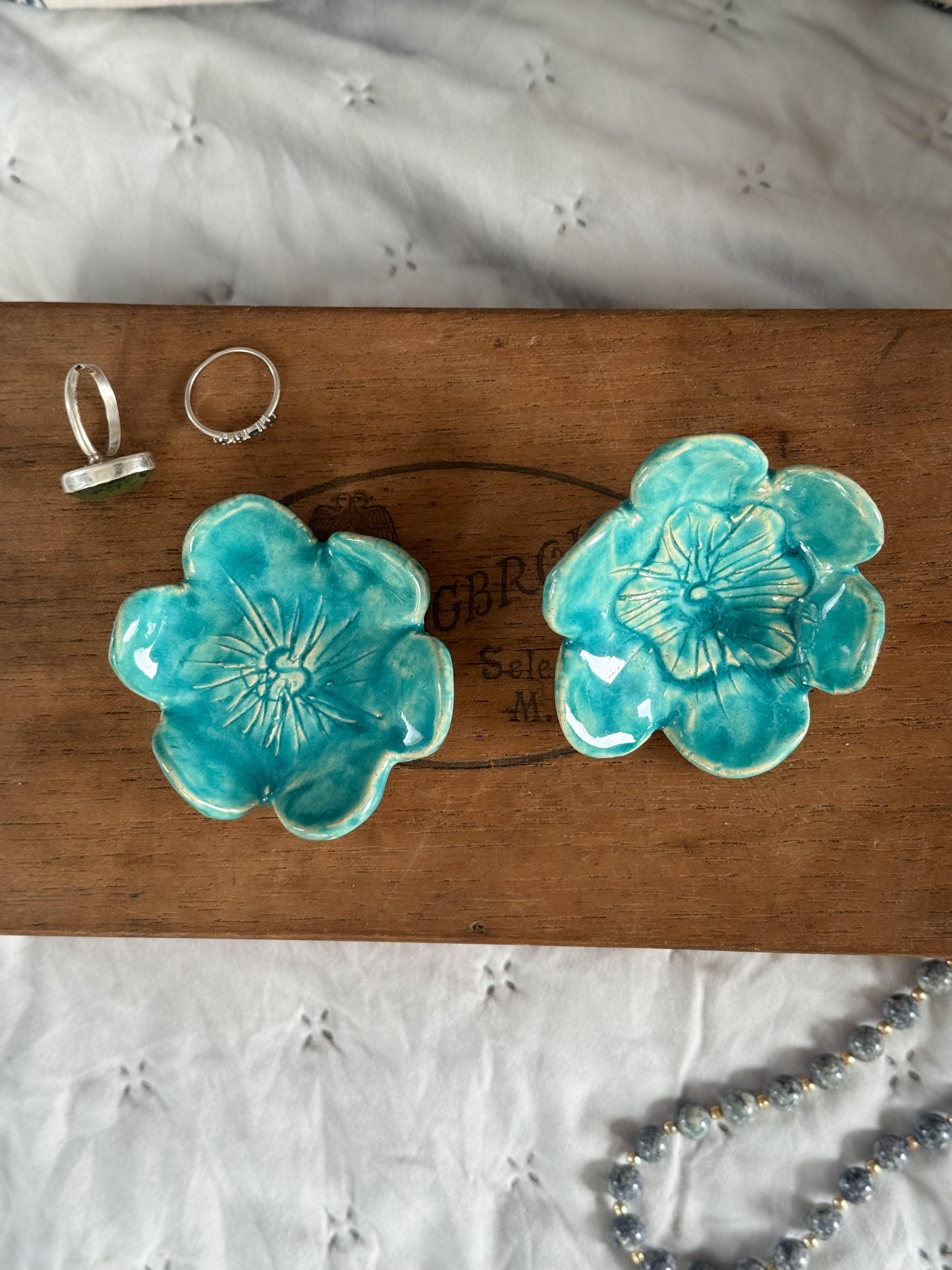 Pair of Turquoise Folk Art Studio Pottery Flower Trinket Dishes