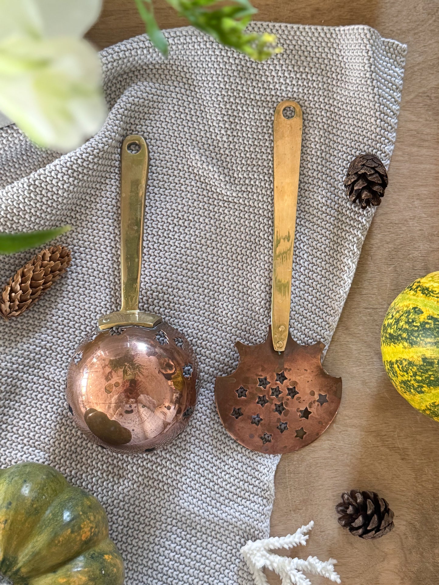 Vintage Handmade Copper & Brass Festive Ladle and Skimmer - Stars & Christmas Tree Cut-Outs