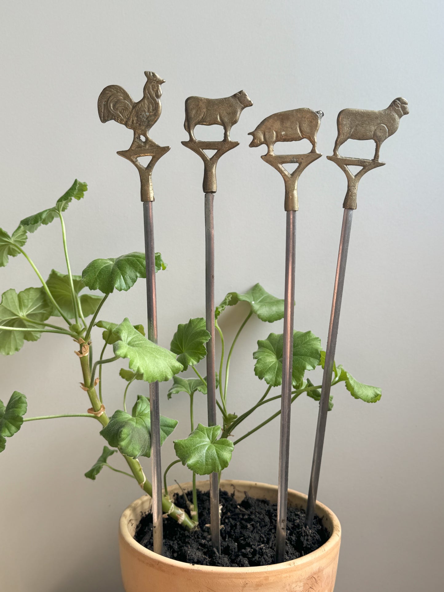 Vintage Brass Farm Animal Plant Support Sticks - Set of 4