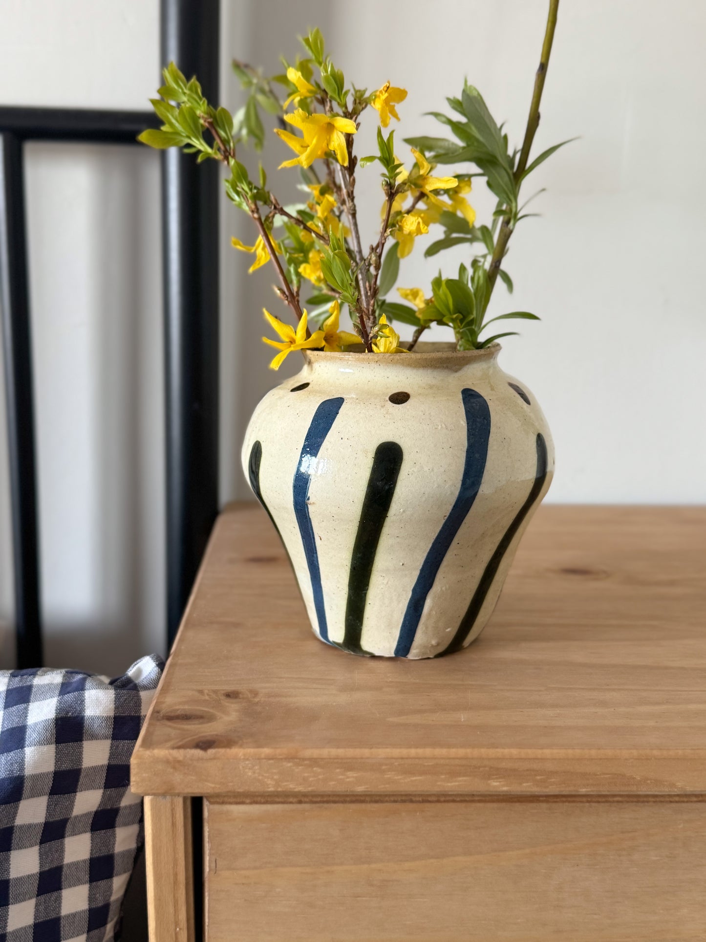 Vintage French Blue & Green Glazed Pot with Hand-Painted Stripes