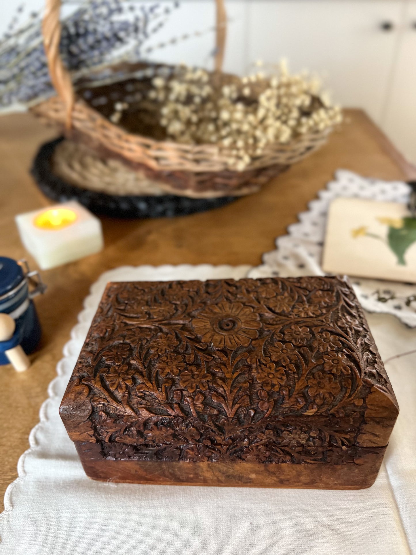 Intricately Carved Floral Spice Chest