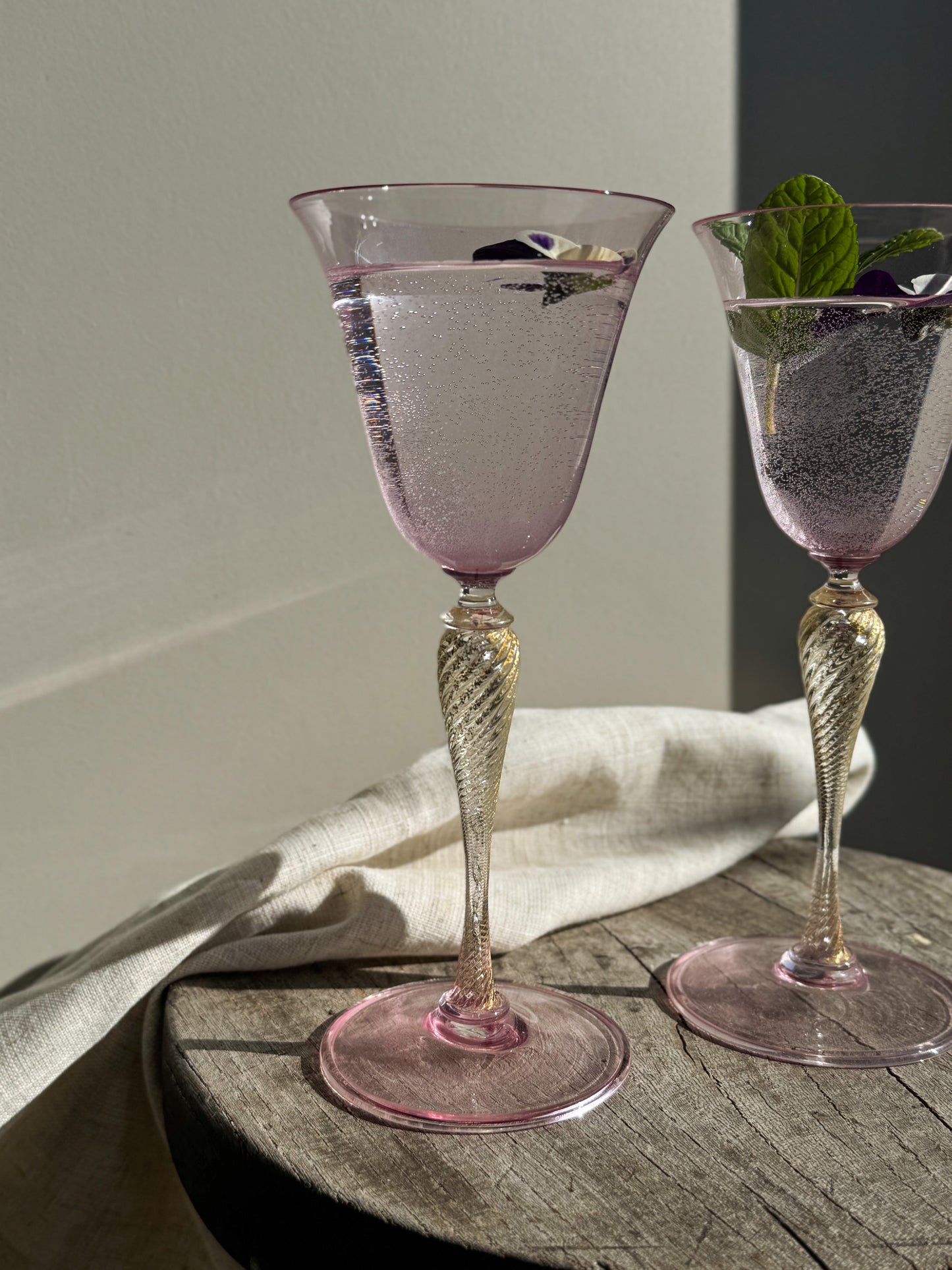 Incredible Handblown Rose & Gold-Flecked Stem Glasses (Pair)