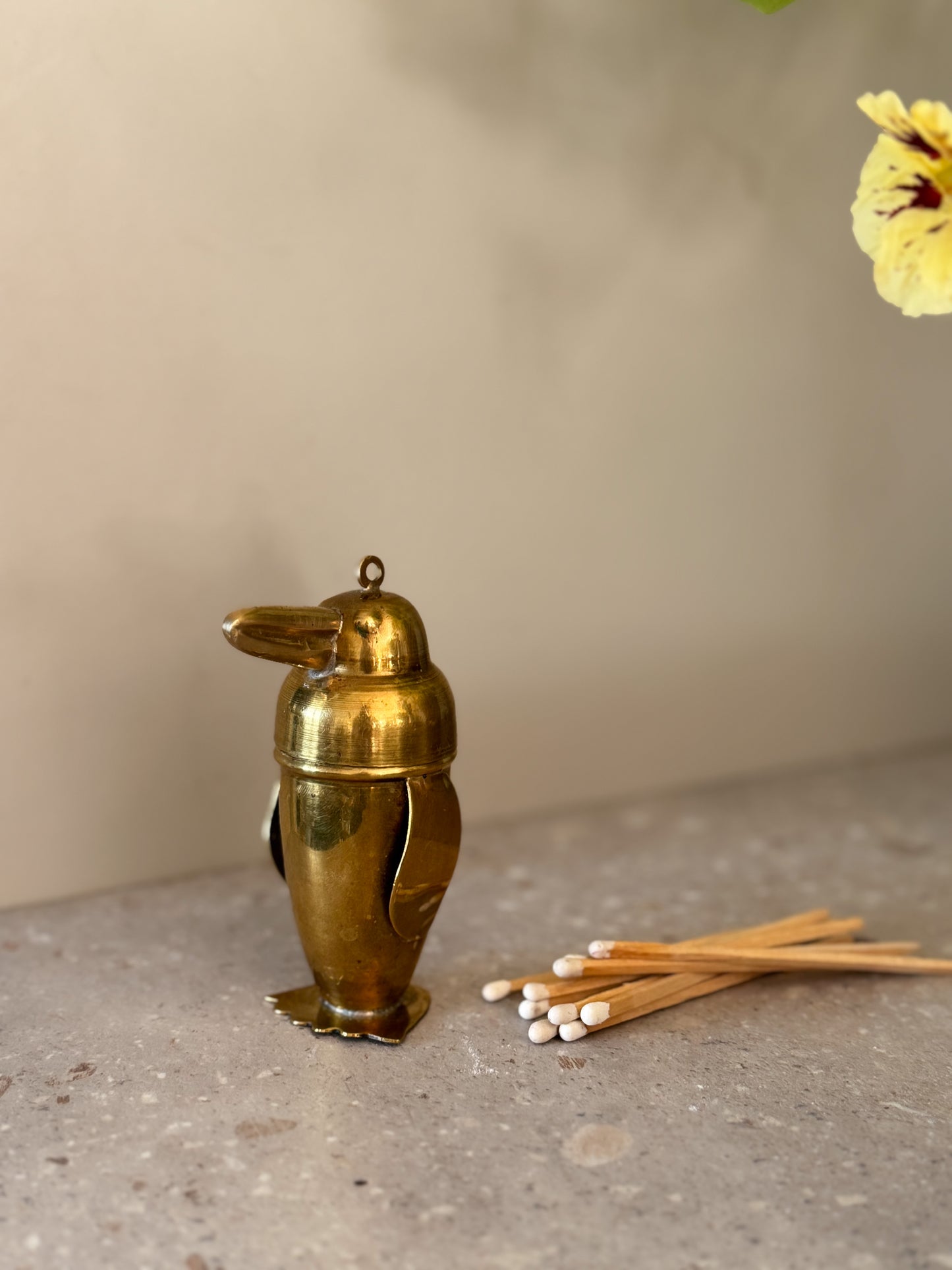 Vintage Brass Penguin Match Holder with Hanging Loop