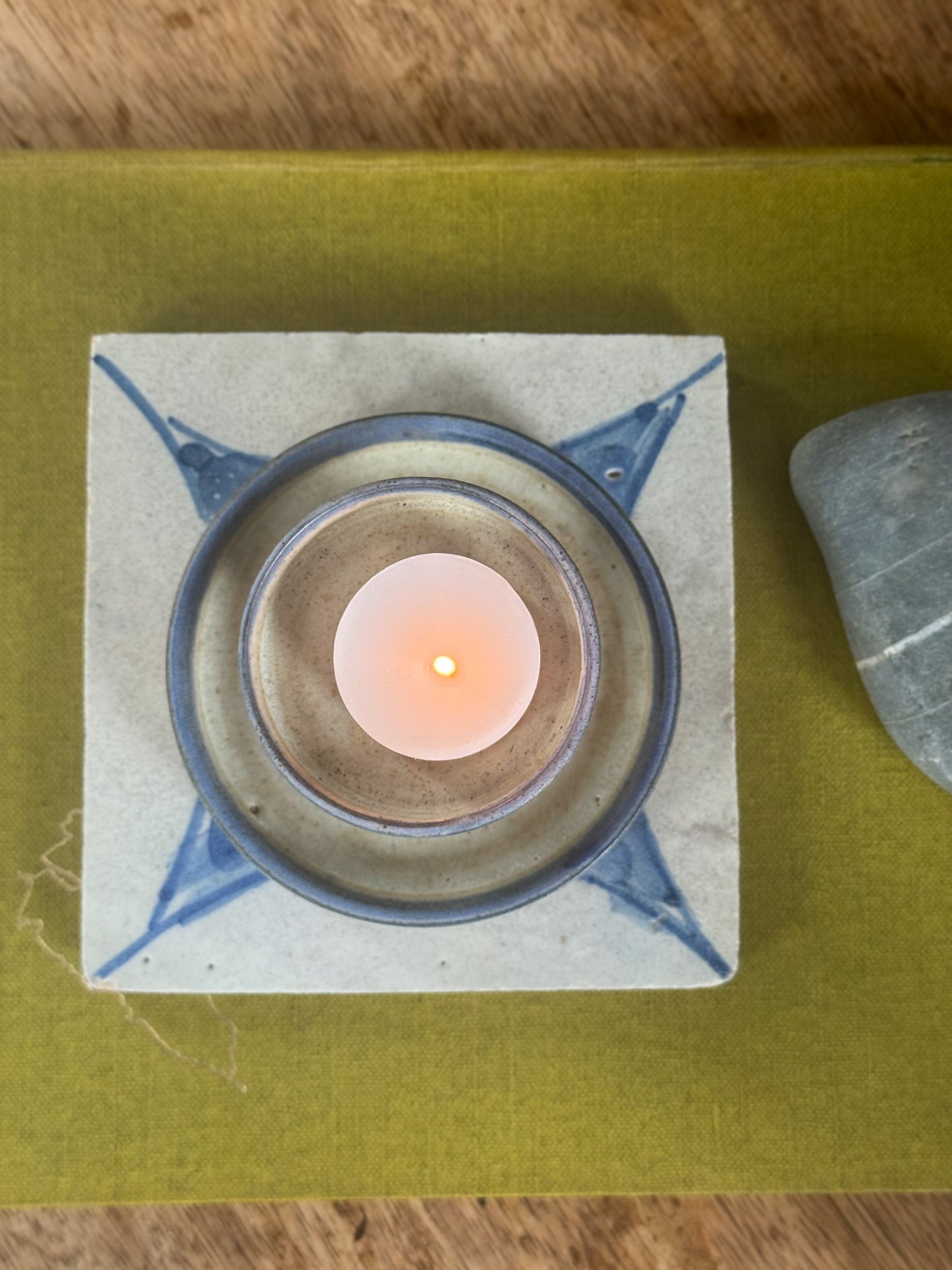Vintage Blue & Oat Speckled Studio Pottery Tealight Holder
