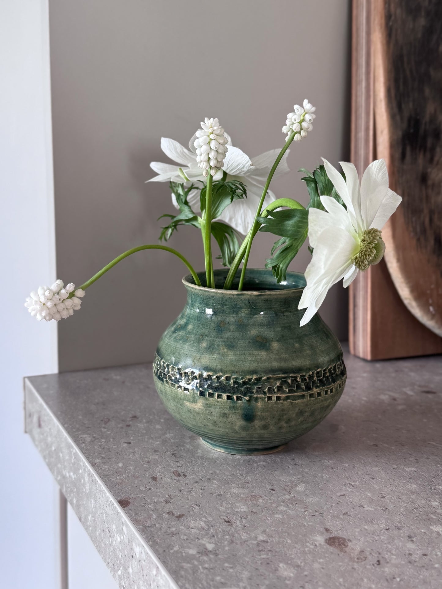 Vintage Studio Pottery Bud Vase, Green Glaze with Textured Band, Stamped