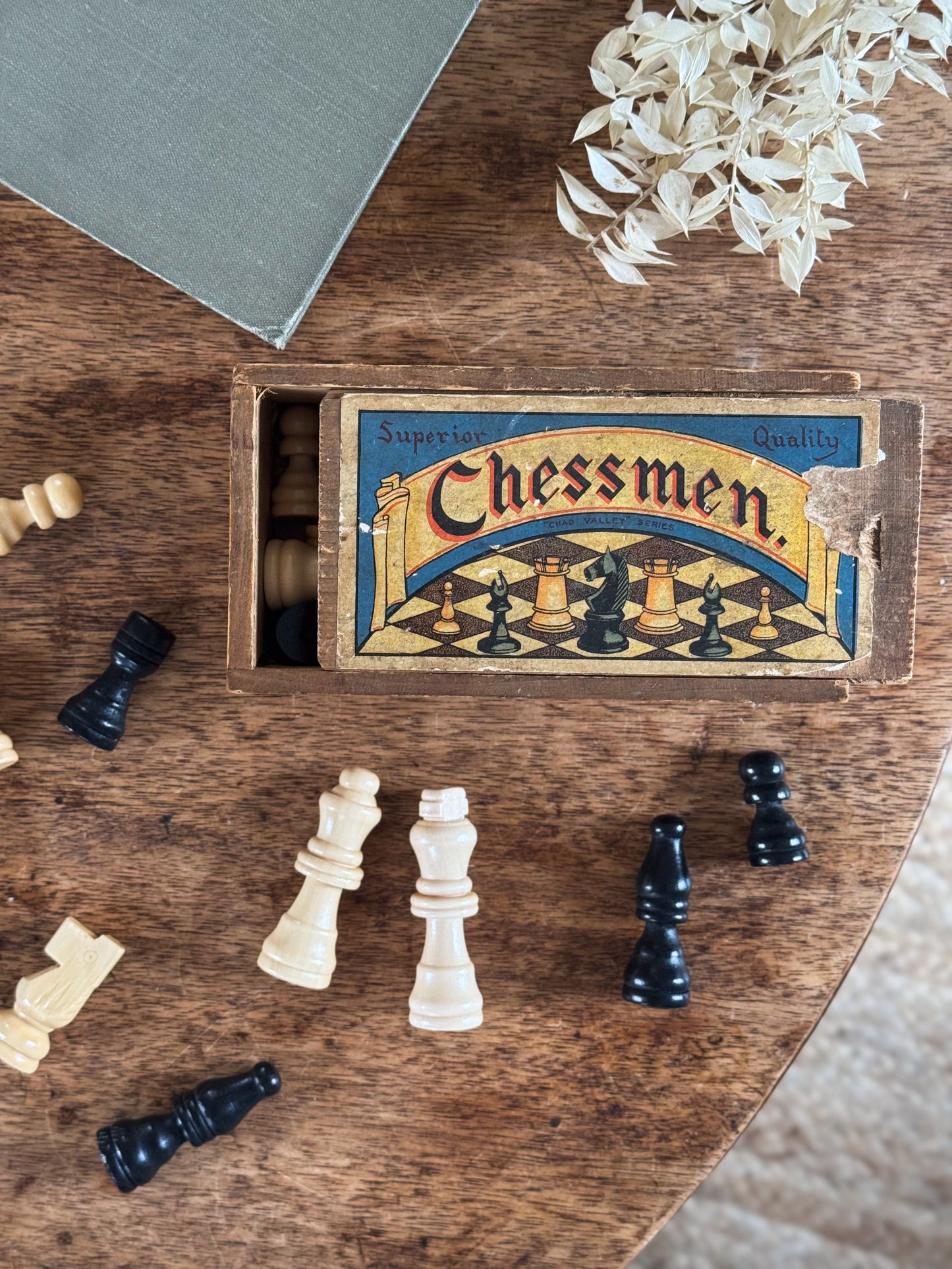 Vintage Wooden Chad Valley ‘Chessmen’ Chess Pieces in Wooden Box