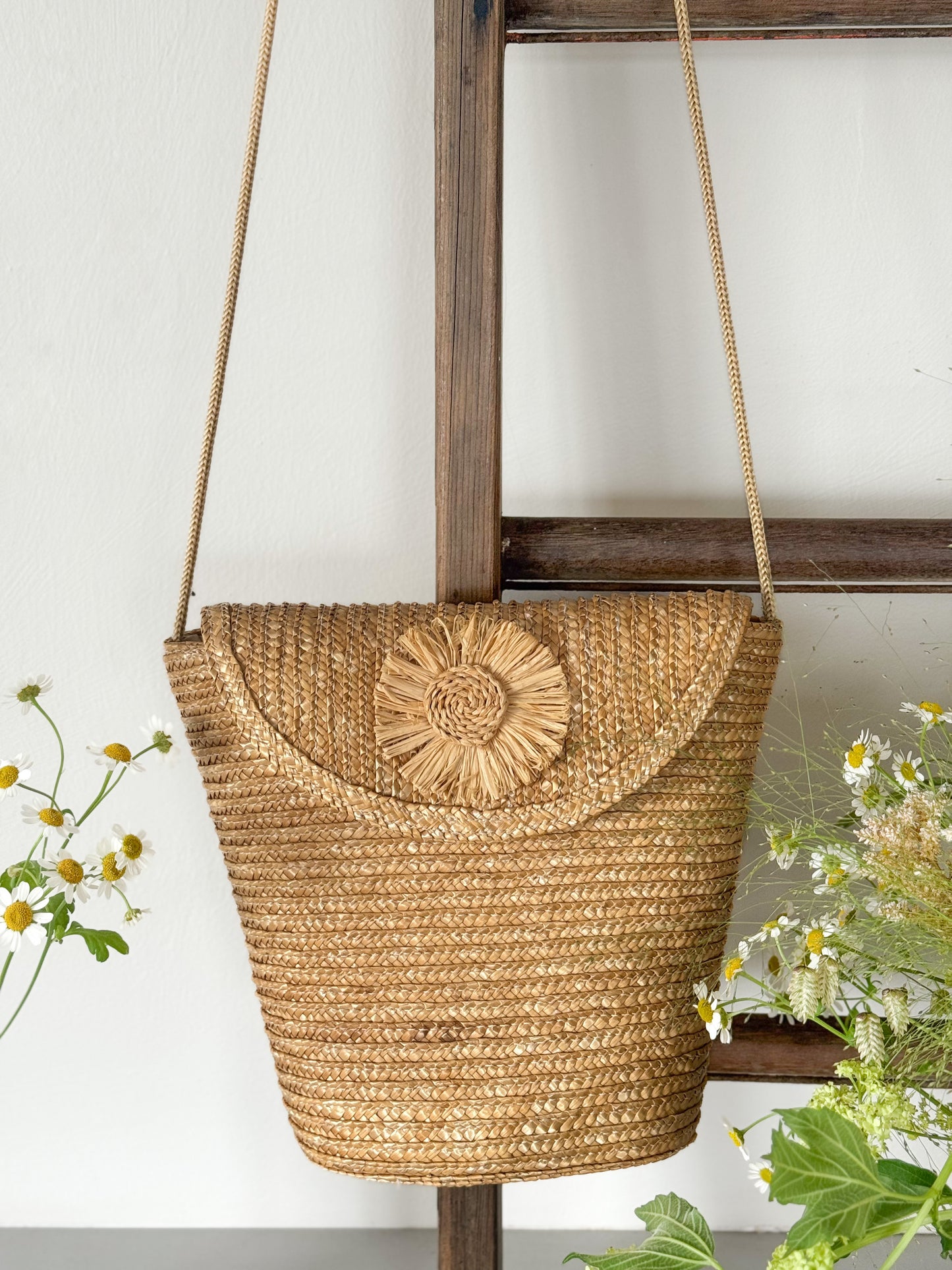 Vintage St Michael Straw Shoulder Bag with Sunburst Detail