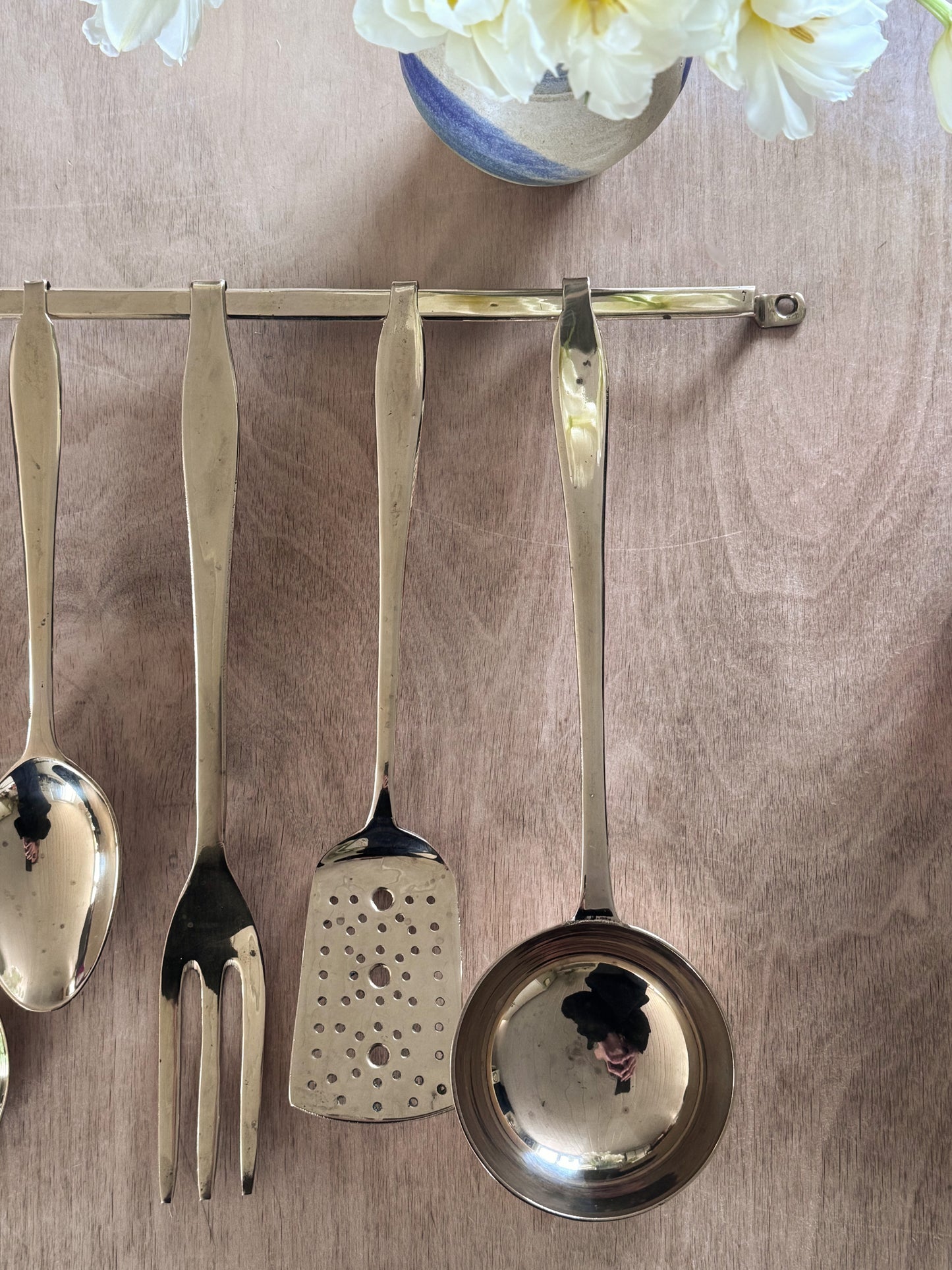 Vintage Solid Brass Kitchen Utensil Set with Hanging Rail - Set of 5