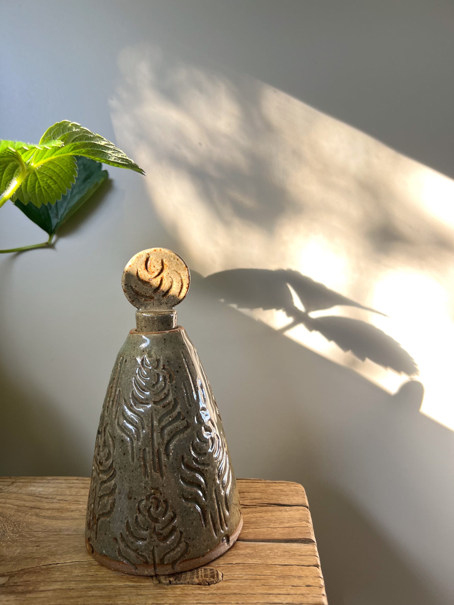 Vintage Studio Pottery Ceramic Glazed Bottle with Stopper • Signed D.L