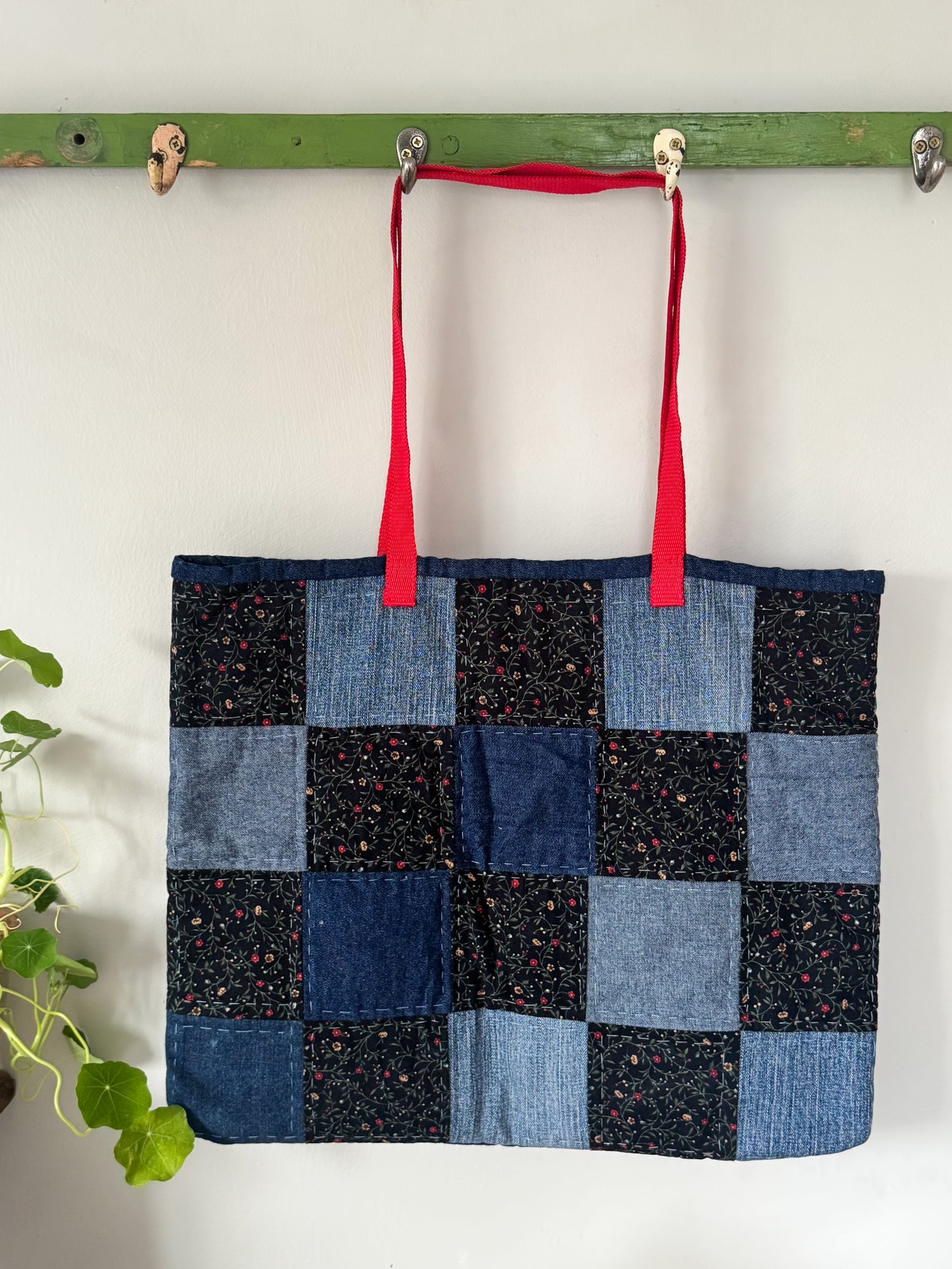 Vintage Handmade Patchwork Tote Bag – Light & Dark Denim (Large)