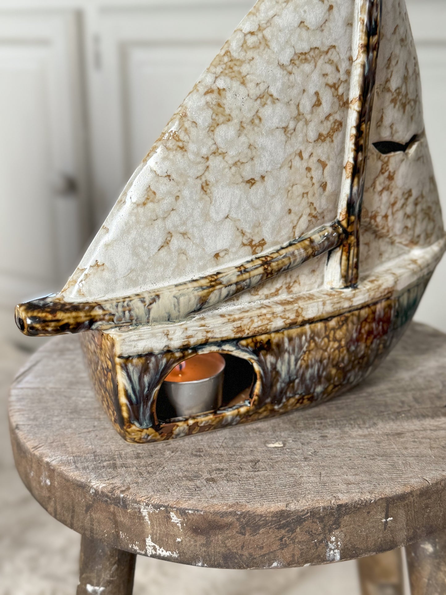 Vintage Studio Pottery Sailing Boat Sculpture | Tealight Holder
