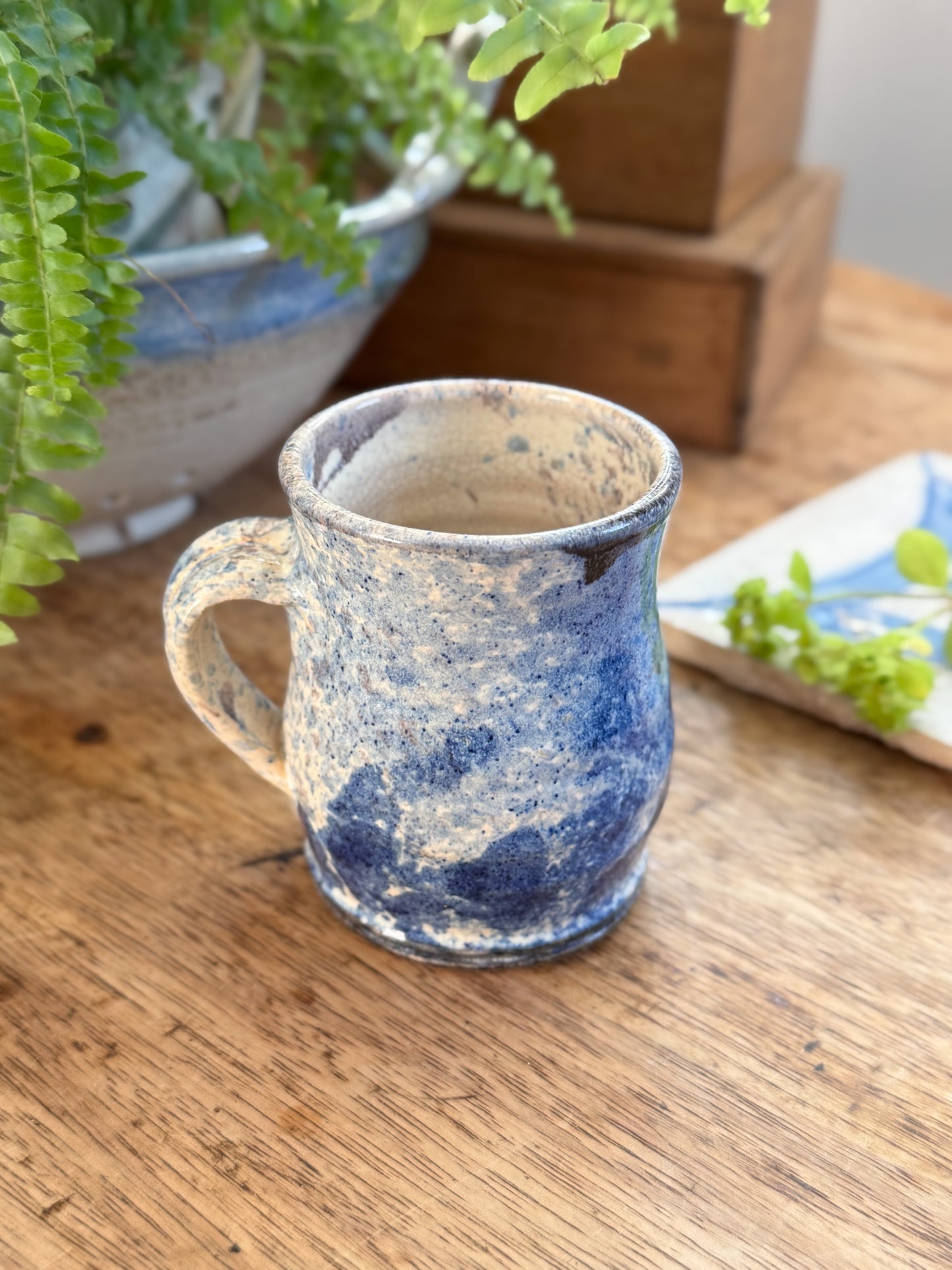Studio Pottery Flat White Mug, Mottled Blue Sea Glaze