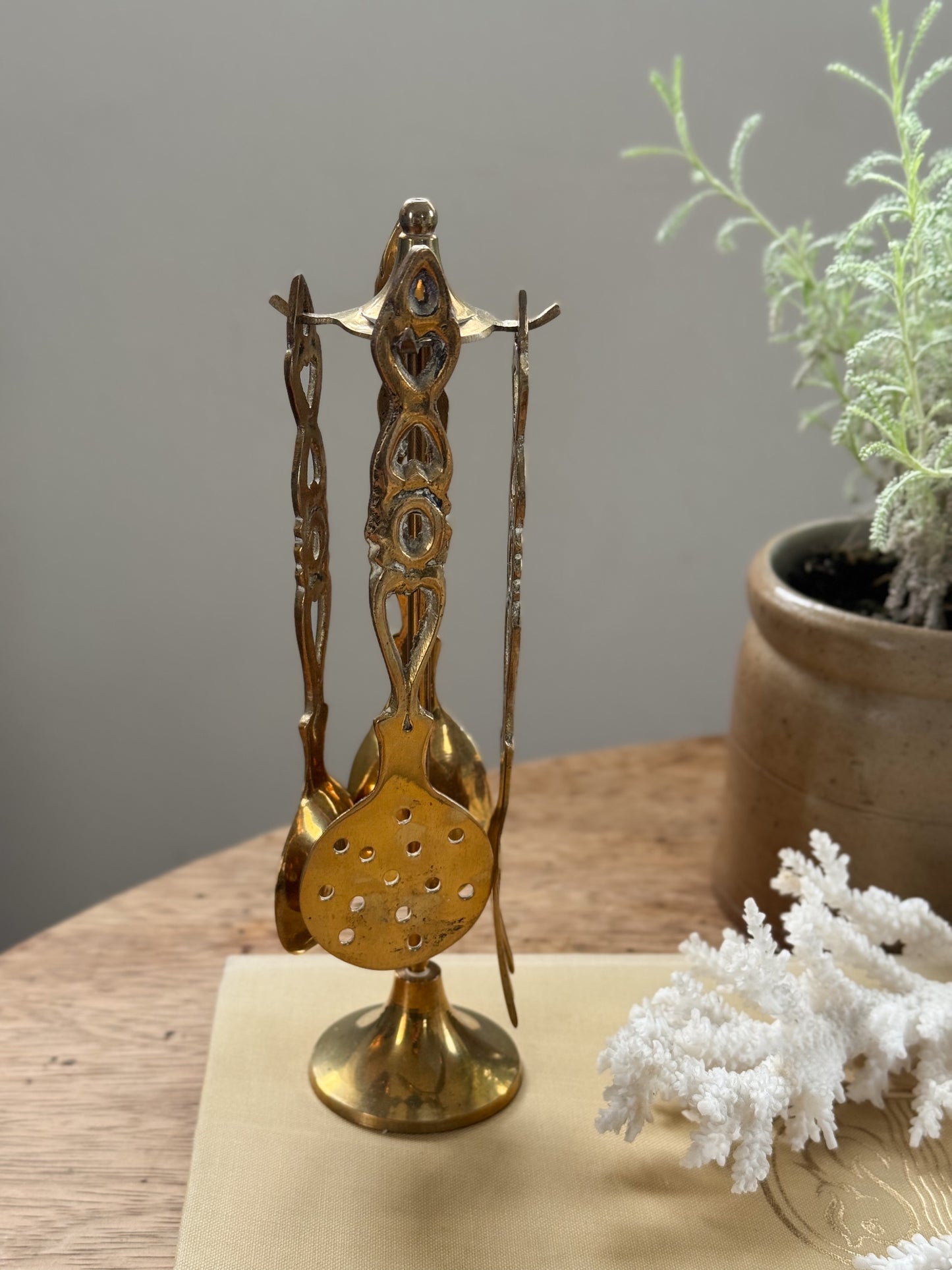 Vintage Brass Mini Utensil Set with Stand