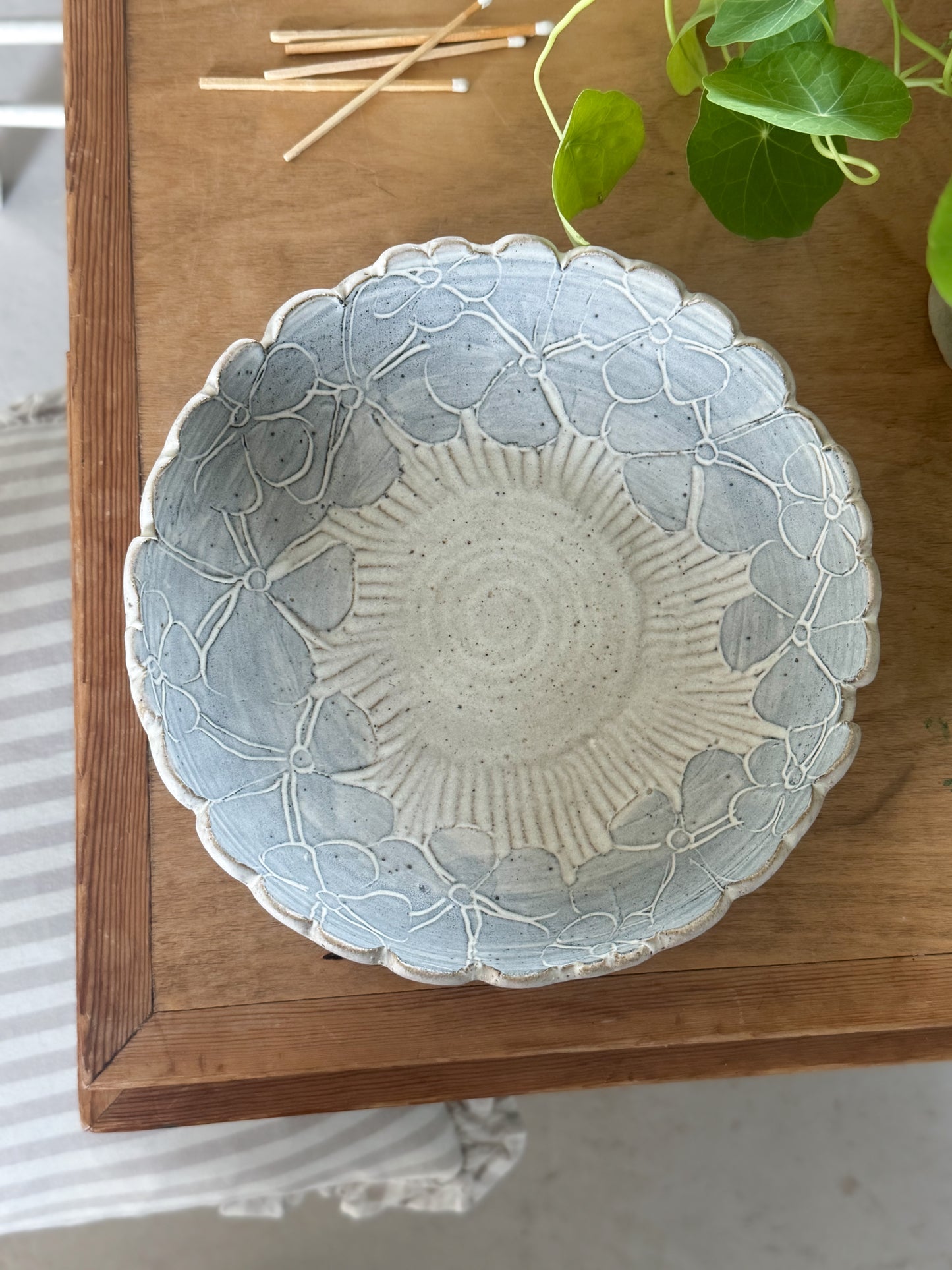 Handmade Studio Pottery Bowl by Syl and Ray Macro, Floral Design & Scalloped Edge