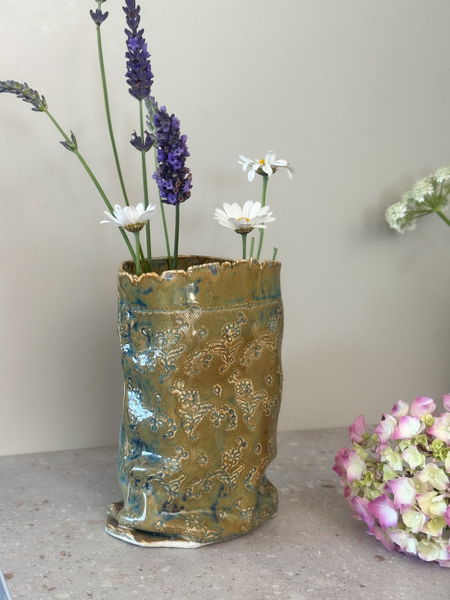Incredible Studio Pottery Sculptural Vase with Impressed Floral Design, Signed C.Raven