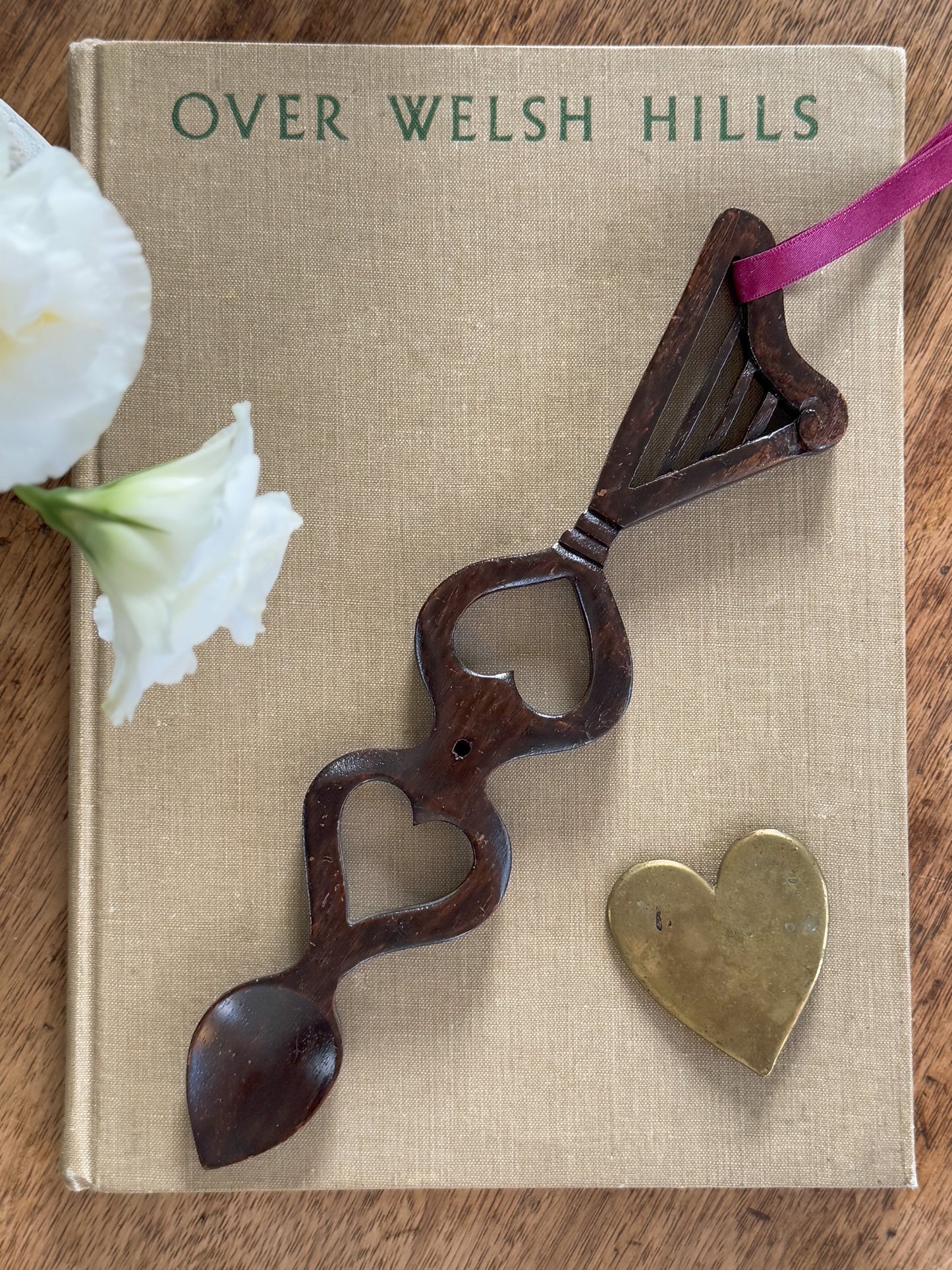 Vintage Hand-Carved Welsh Love Spoon • Heart & Harp • Calon a Telyn