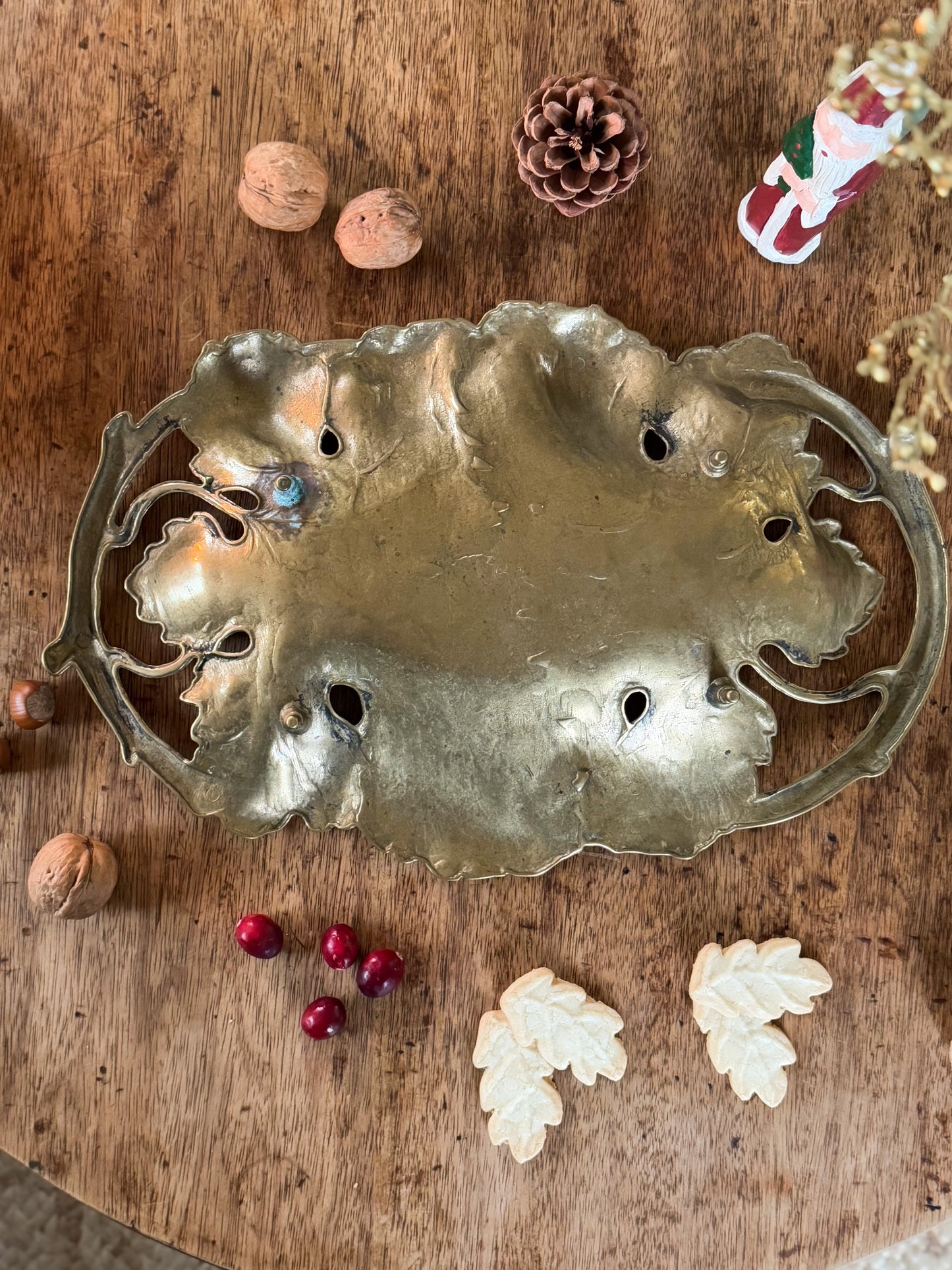 Antique Art Nouveau Solid Brass Leaf Serving Dish