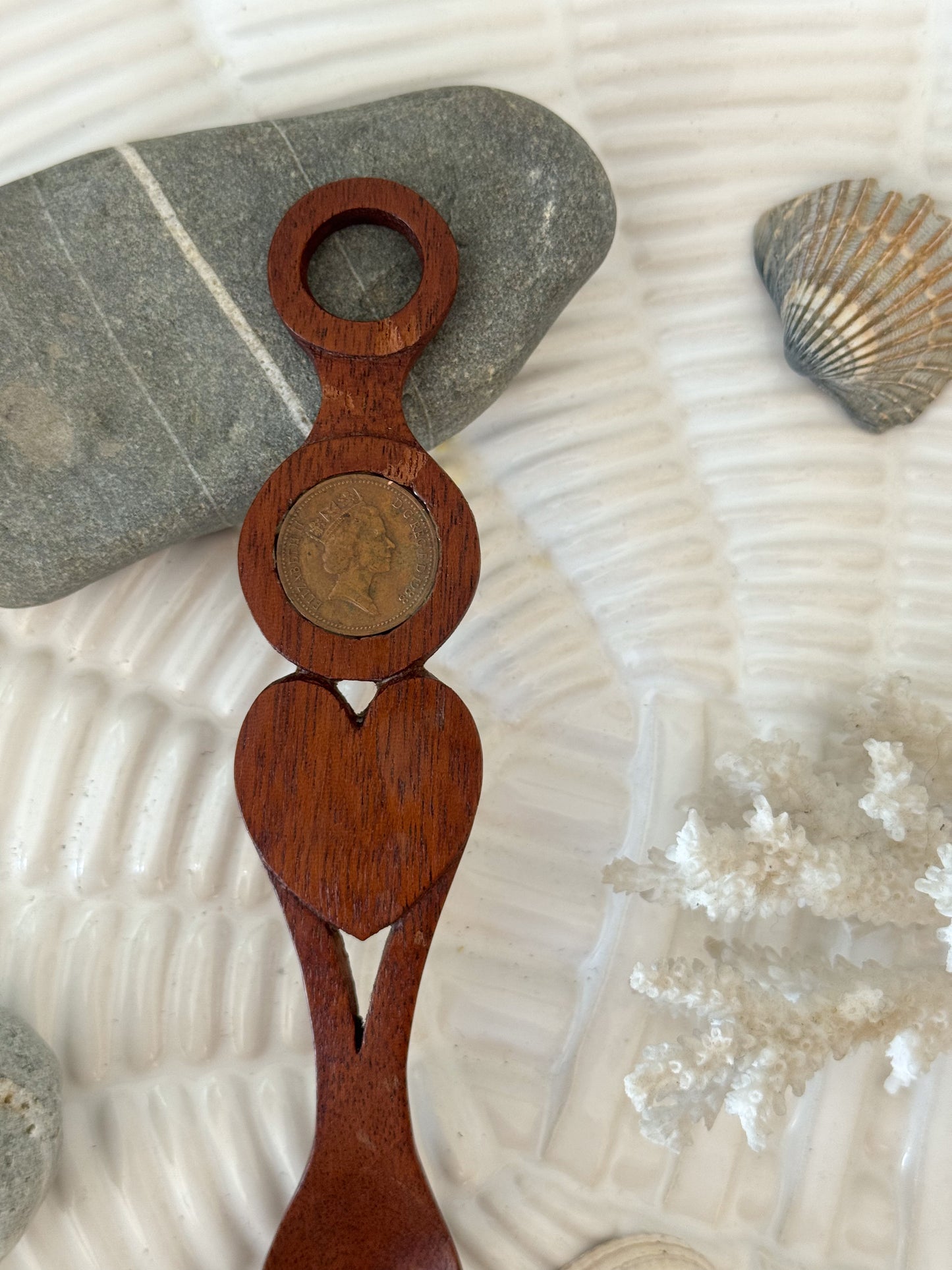 Vintage Hand-Carved Welsh Folk Art Love Spoon with 1988 Lucky Penny