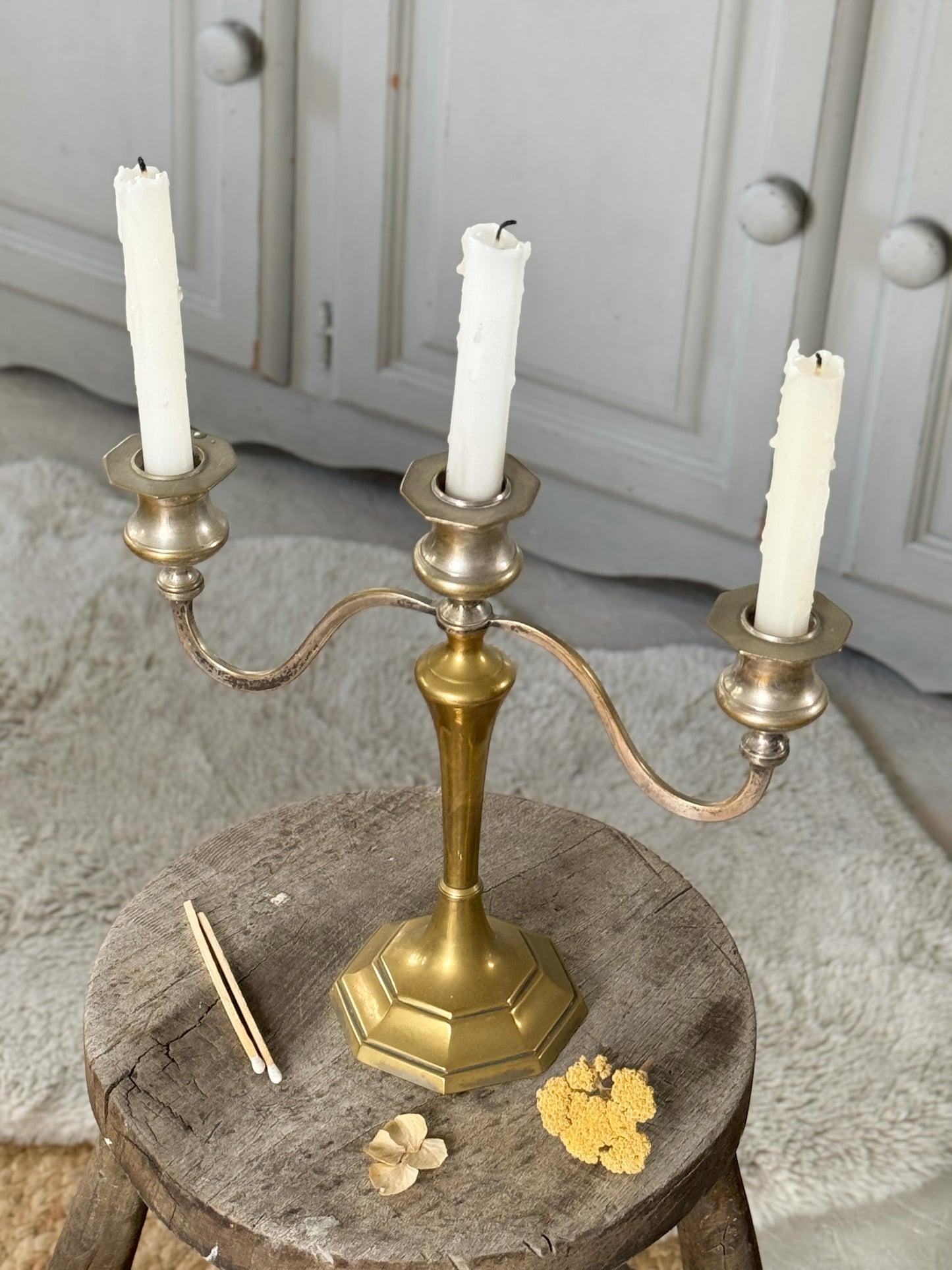 Aged Antique Two Tone Brass Candelabra