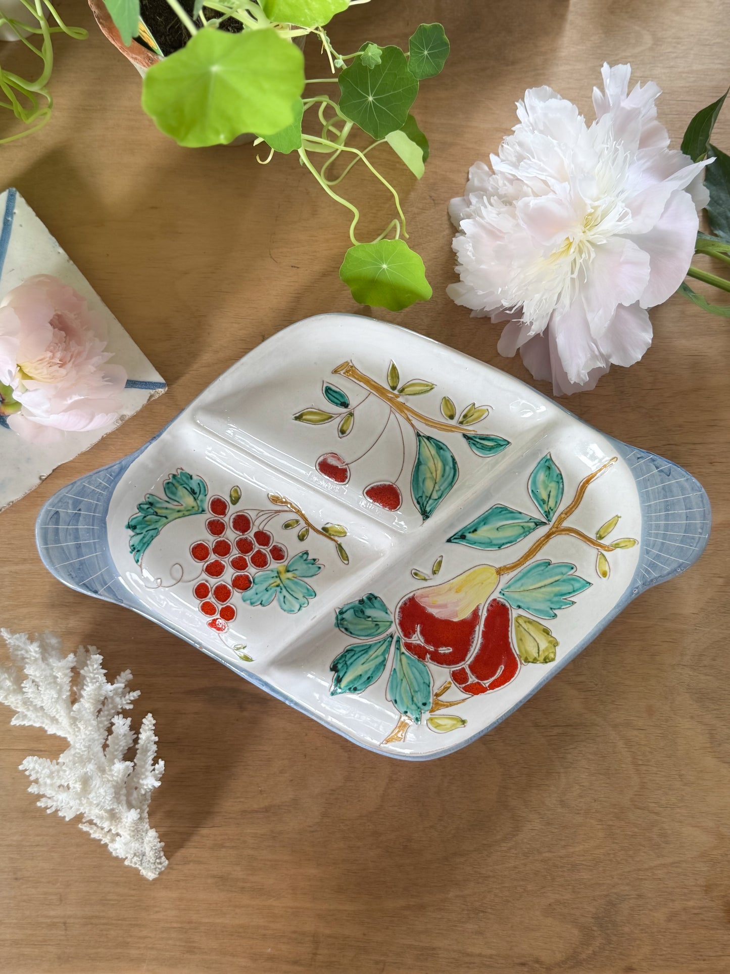 Hand-Painted Italian Ceramic Fruit Platter, Sectioned Serving Dish