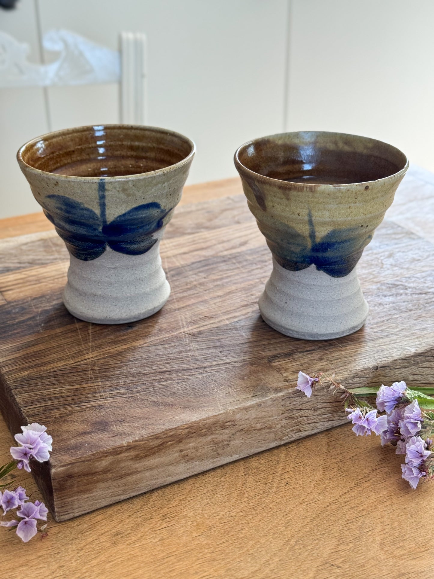 Pair of Vintage Hand-Thrown Studio Pottery Beakers - Indigo Brushwork