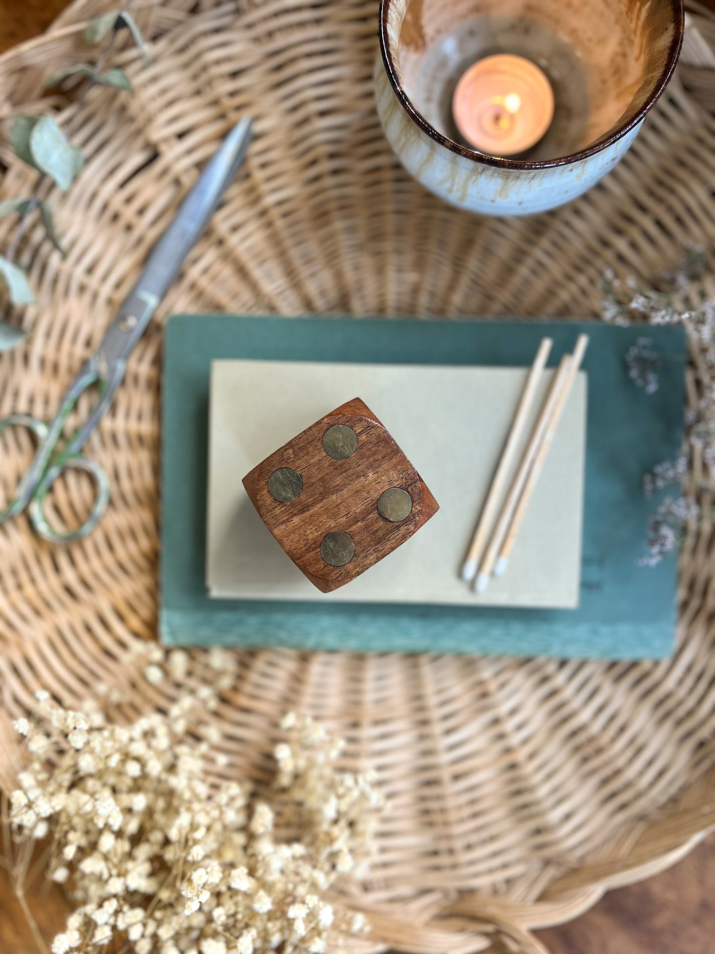 Vintage Teak & Brass Large Decorative Die