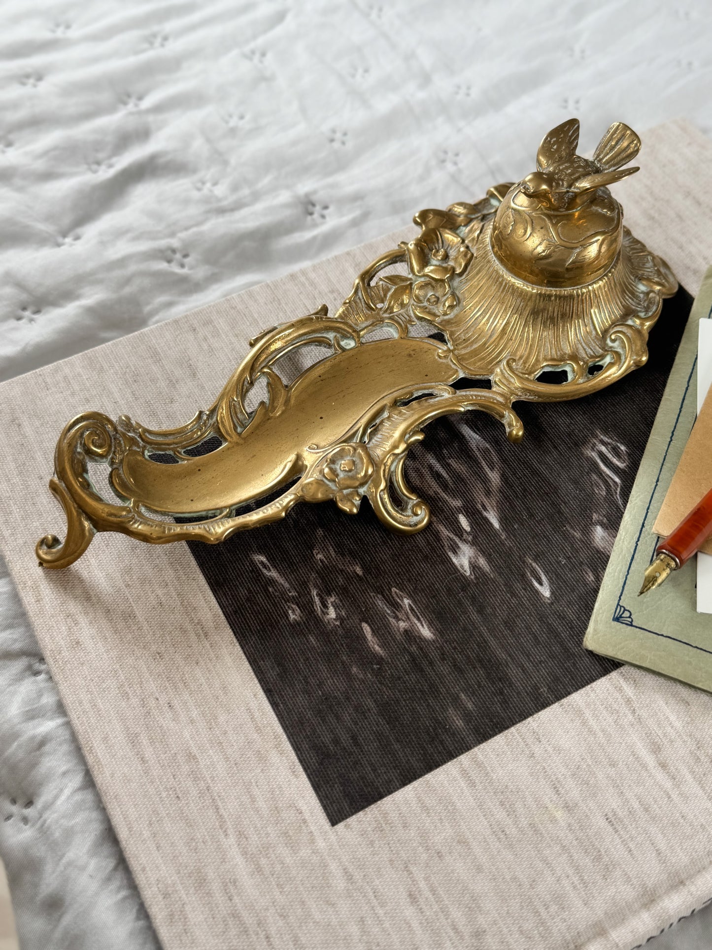 Antique Victorian Brass Inkwell with Ceramic Insert and Bird Detail