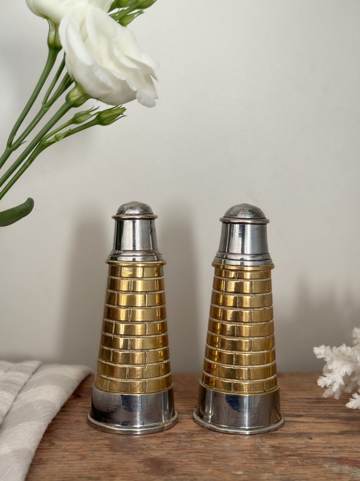 Vintage Brass Lighthouse Salt & Pepper Shakers