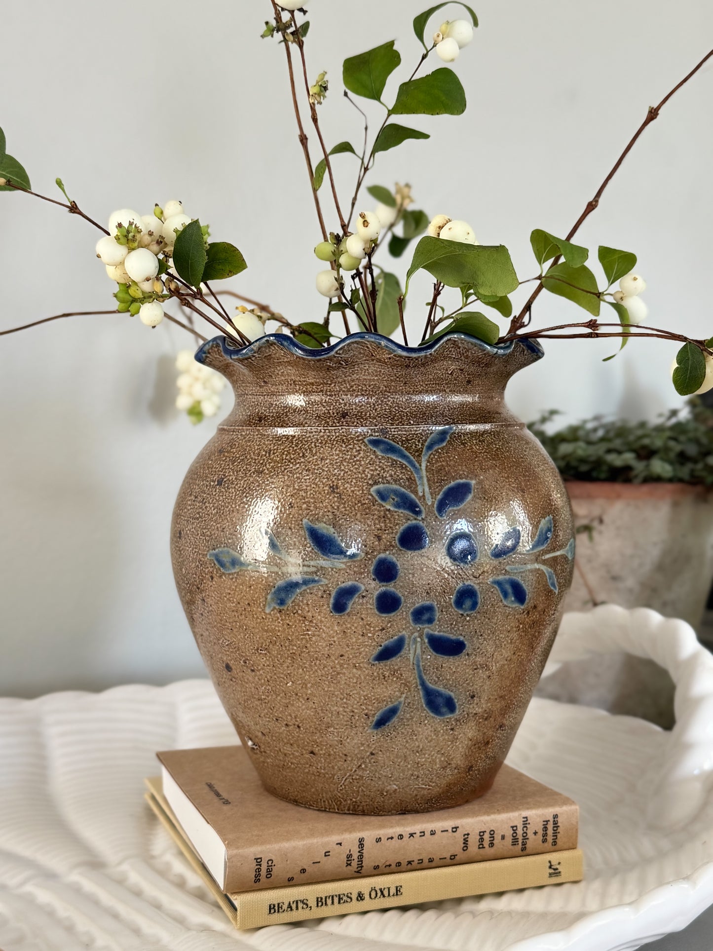 Antique French Glazed Stoneware Vessel with Blue Floral Design and Scalloped Rim