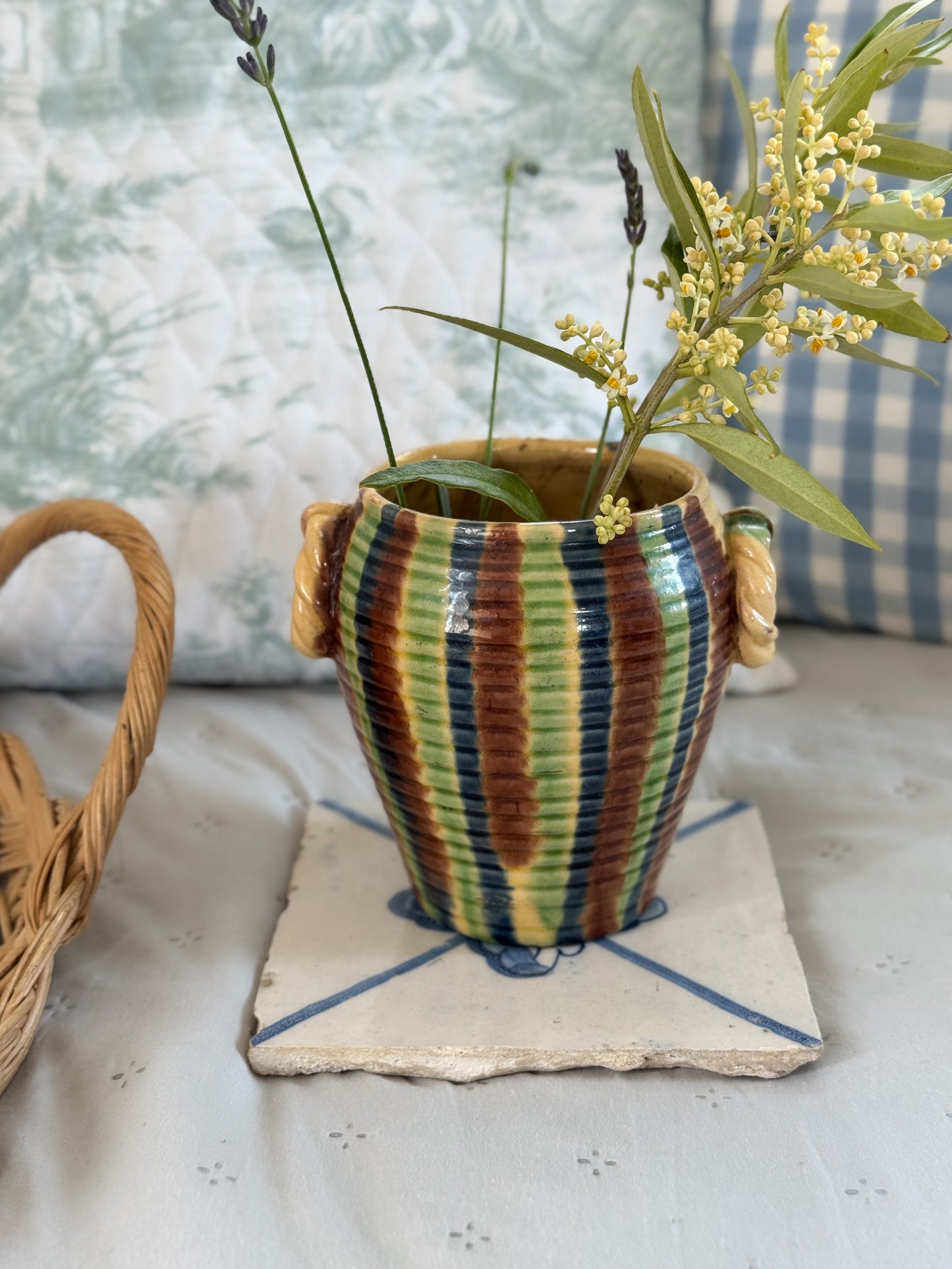 Antique French Drip Glaze Pot with Roped Handles
