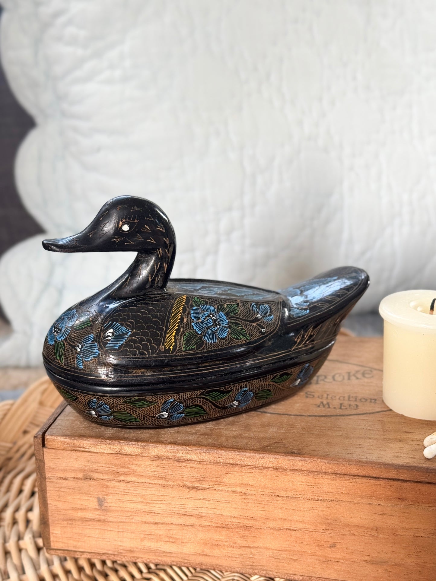 Vintage Hand-Painted Lacquered Duck Trinket Box