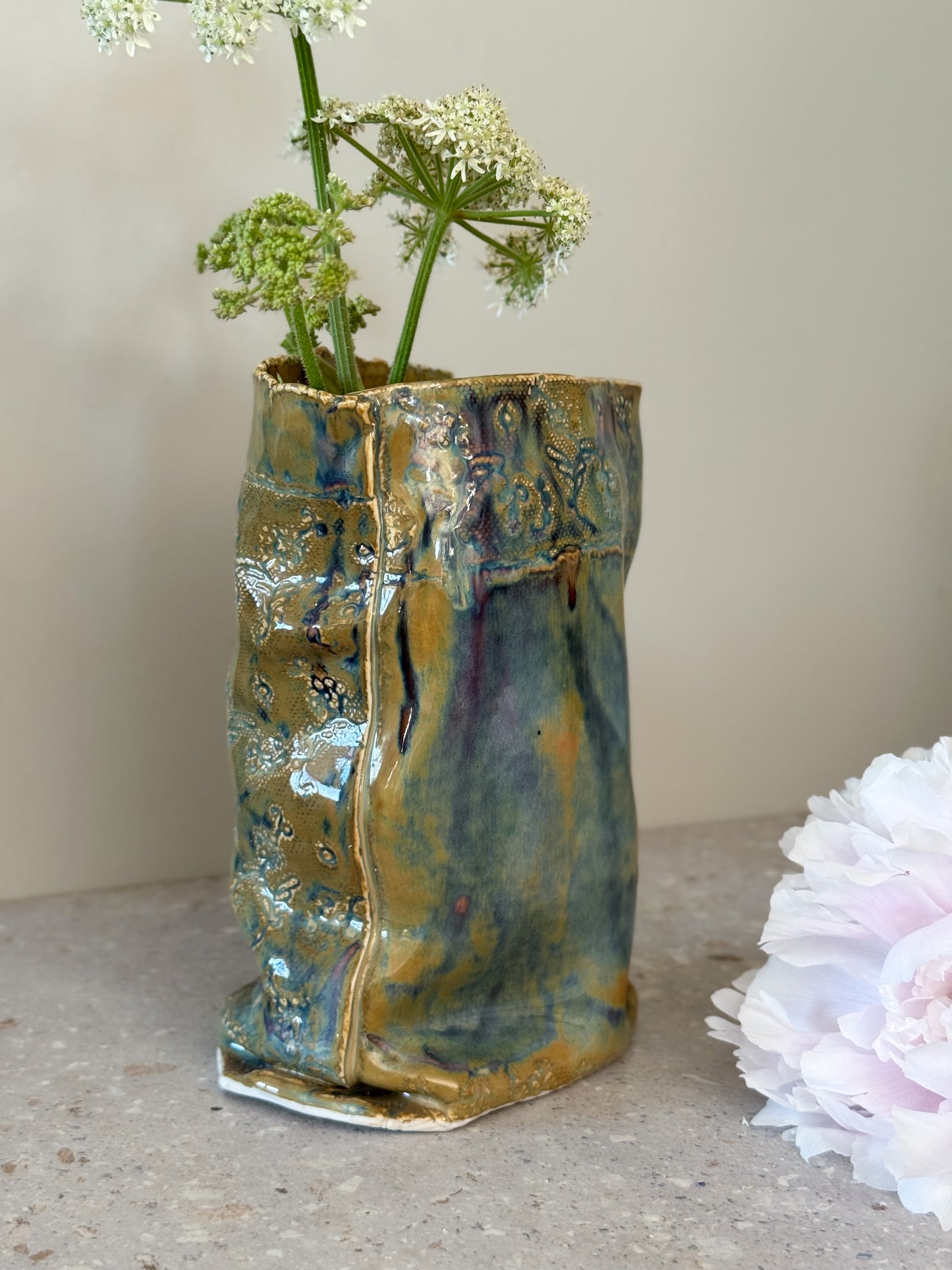 Incredible Studio Pottery Sculptural Vase with Impressed Floral Design, Signed C.Raven