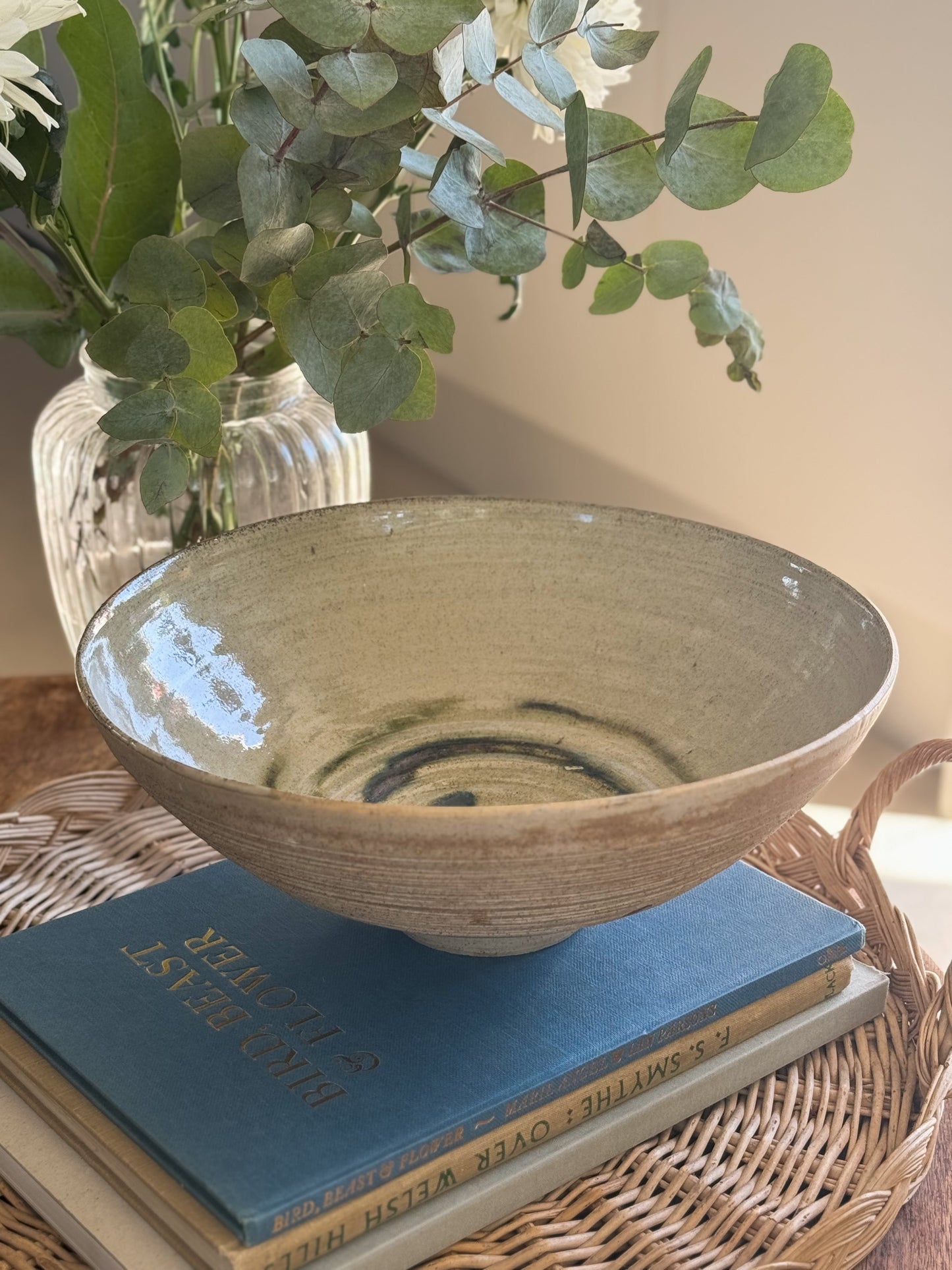 Large Studio Pottery Neutral Olive Green Swirl Bowl