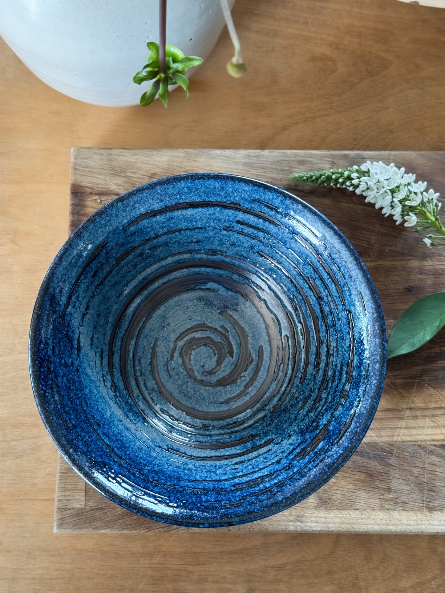 Vintage Studio Pottery Bowl with Deep Blue Spiral Glaze