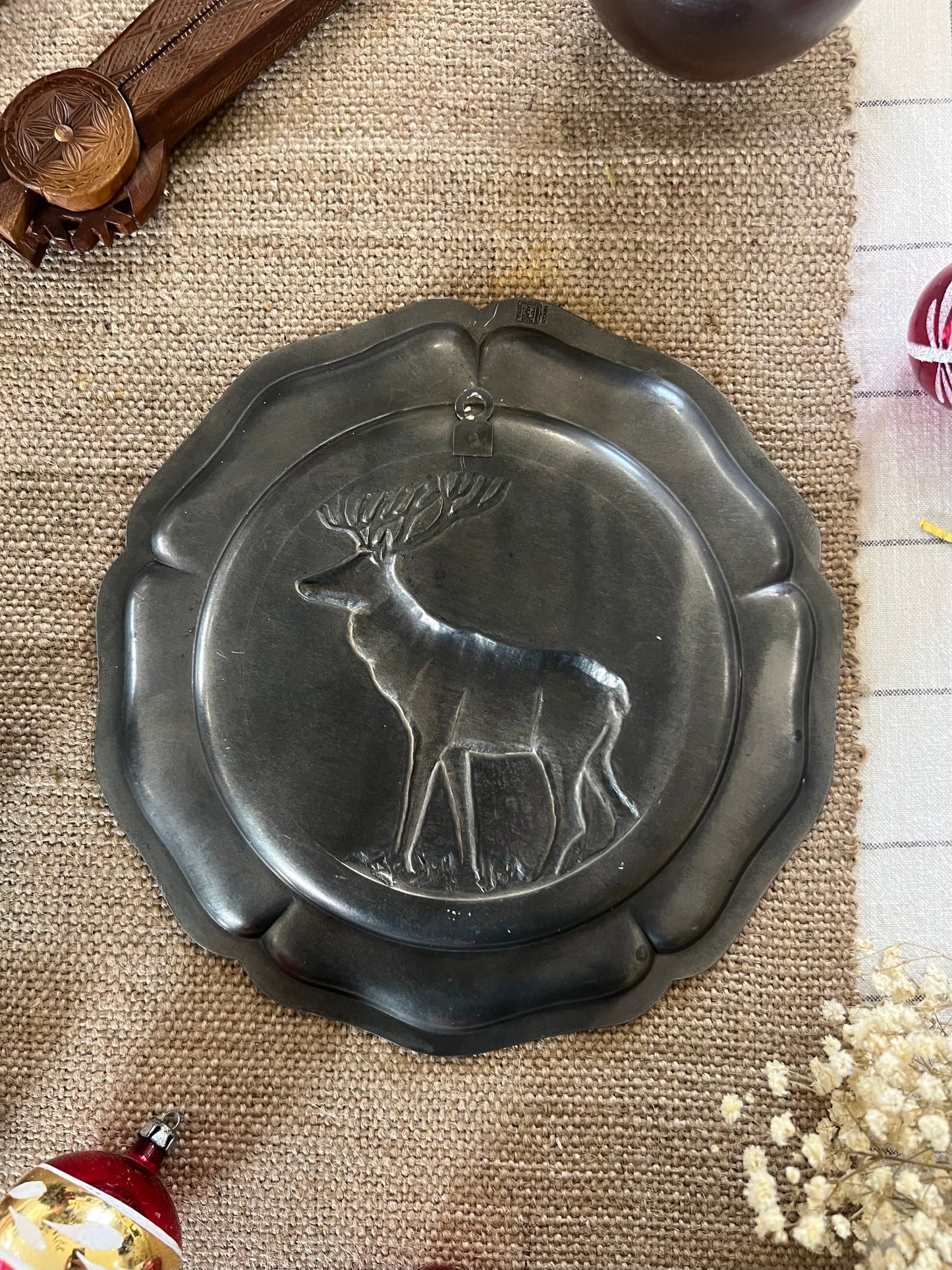 Vintage French Du Manoir Paris Pewter Reindeer Wall Plate