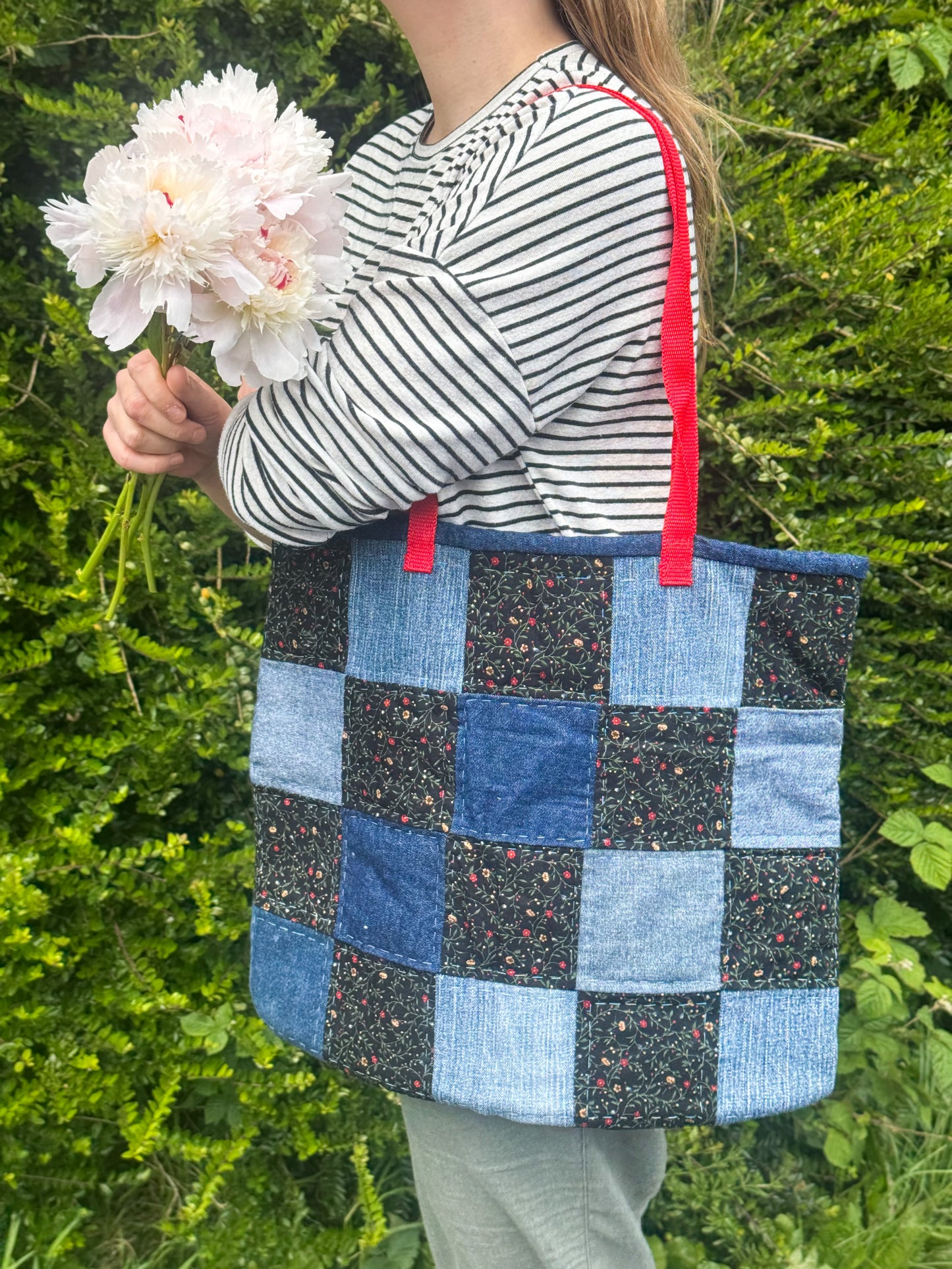 Vintage Handmade Patchwork Tote Bag – Light & Dark Denim (Large)