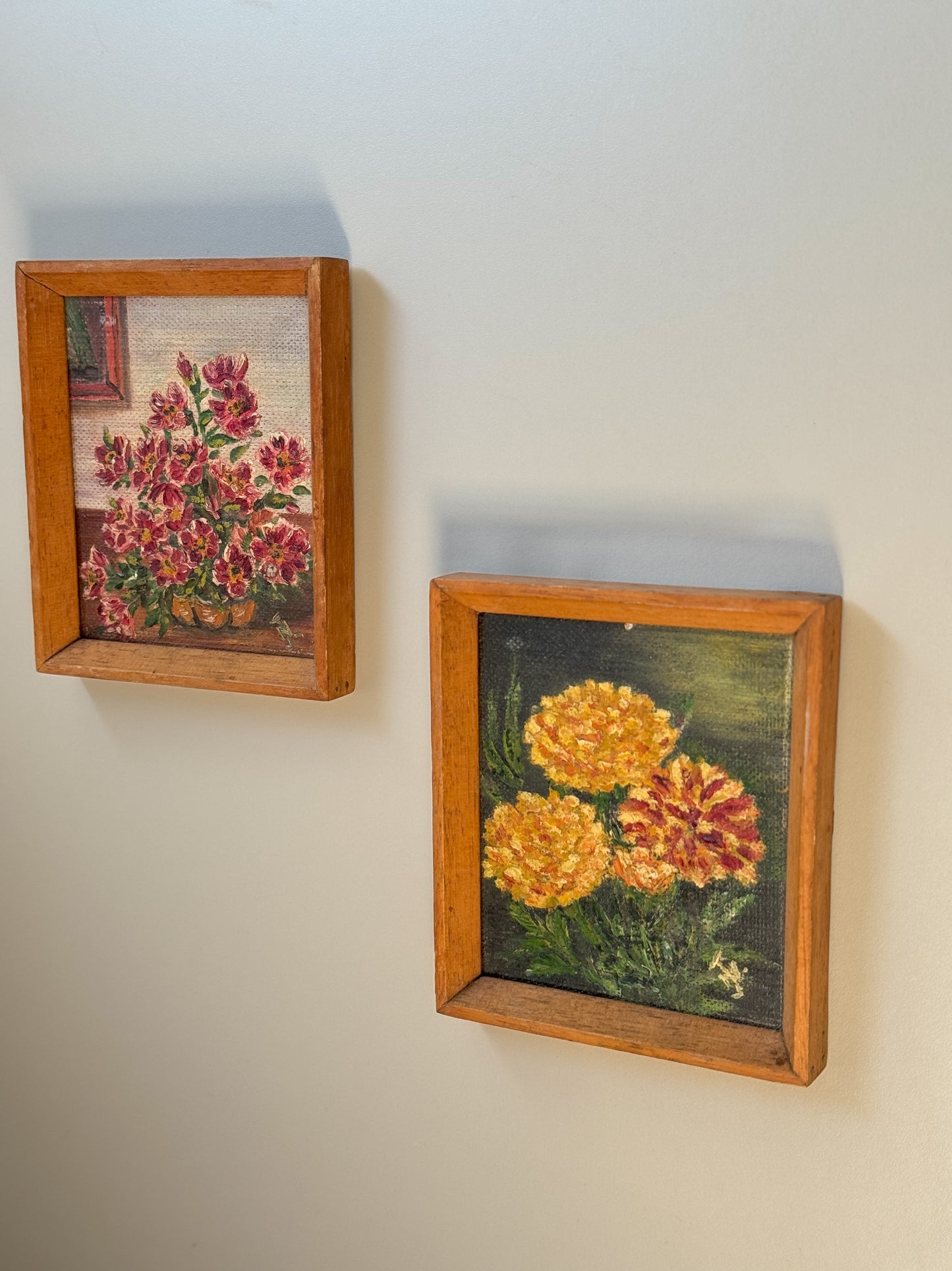 Pair of Miniature Floral Oil Paintings in Handmade Wooden Frames