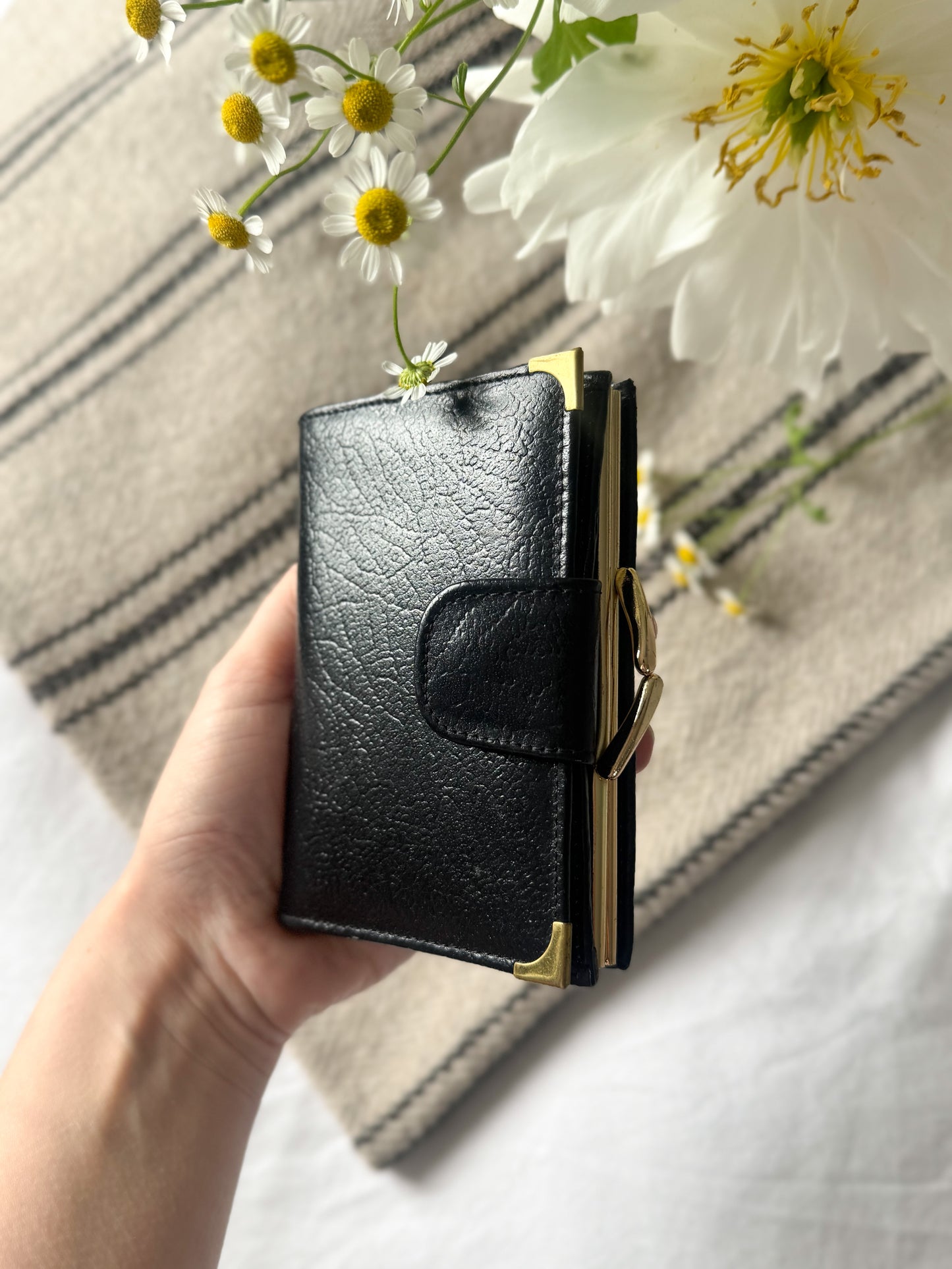Vintage 1960s/70s Churchill Black Leather Purse with Brass Details (New Old Stock)