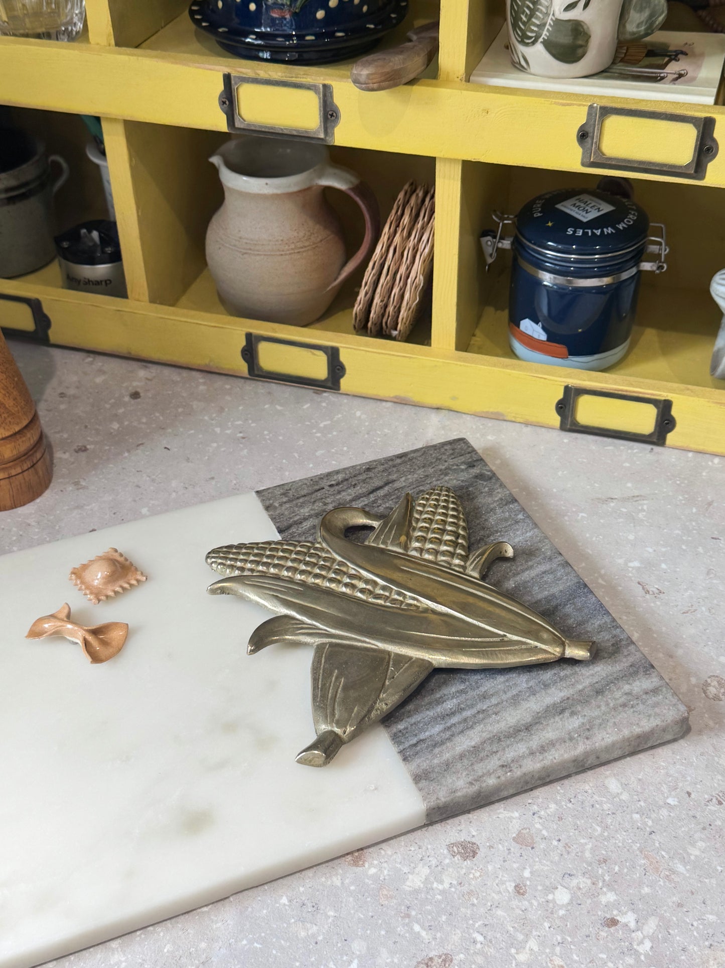 Rare Vintage Midcentury Solid Brass Corn on The Cob Trivet